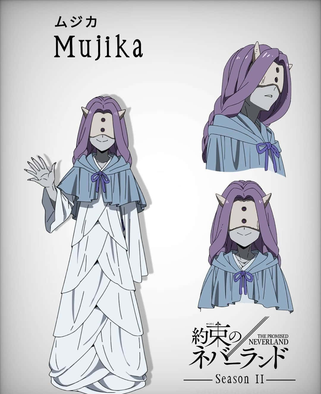 The Promised Neverland Mujika 桌布 壁紙 — 《約定的夢幻島》第二季中的動漫角色穆吉卡，以全身和兩個頭像展示，穿著白色長袍和藍色斗篷，擁有紫色頭髮和角。