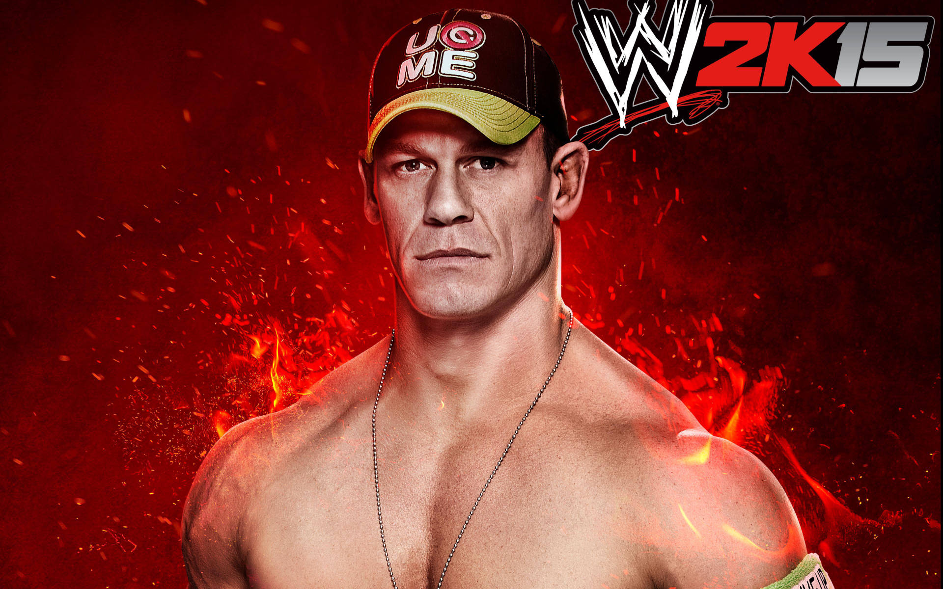 約翰·希南 桌布 壁紙 — 約翰·希南在WWE 2K15宣傳圖片中強烈凝視，熾熱的紅色火花和發光的餘燼在他肌肉發達的軀幹周圍旋轉。