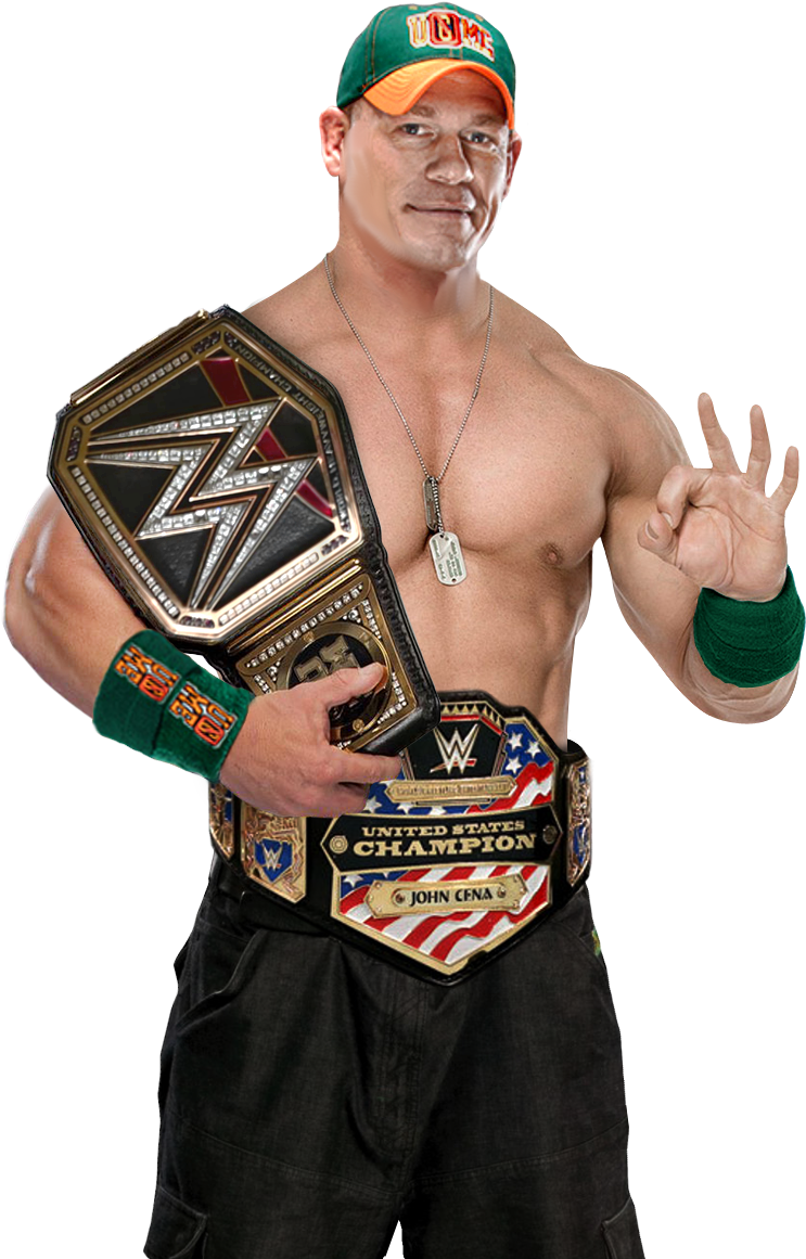 WWE 桌布 壁紙 — 約翰·辛納自信地擺姿勢，手持WWE冠軍腰帶，戴著綠色帽子和腕帶，背景為黑色。