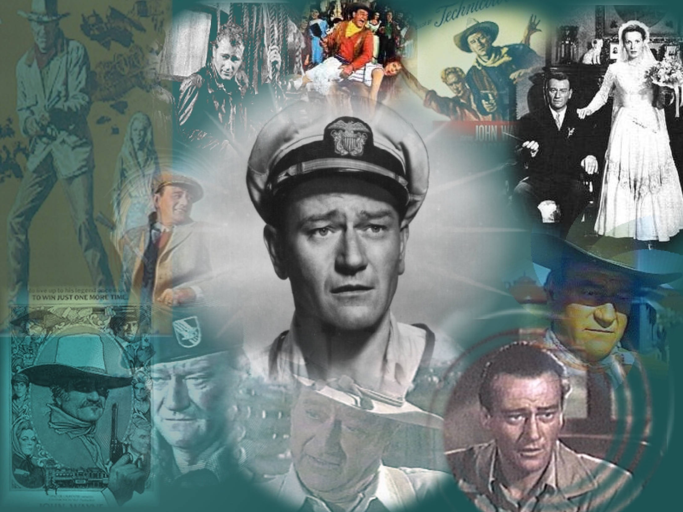 John Wayne 桌布 壁紙 — 約翰·韋恩在各種標誌性角色中的拼貼畫，帶有青綠色調和發光效果。