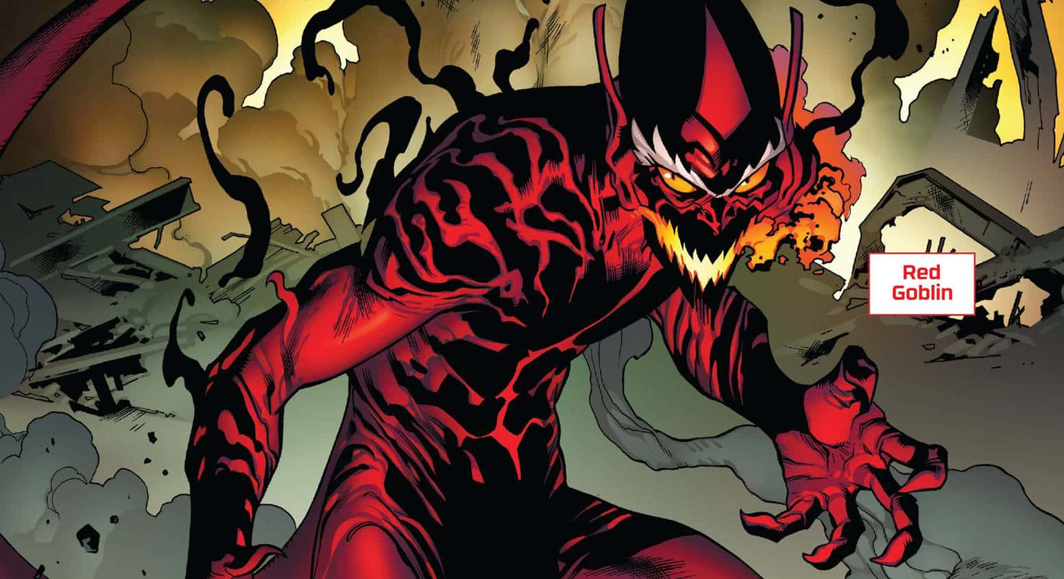 Norman Osborn 桌布 壁紙 — 紅惡魔在漫畫格中於瓦礫和煙霧中發出威脅性的咆哮。