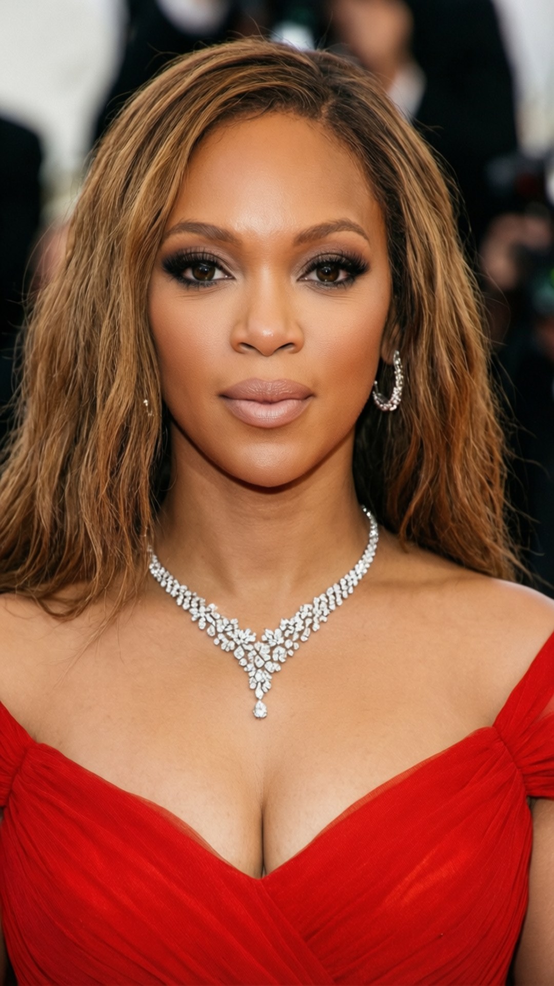 紅毯魅力 壁紙 — Beyoncé 在一個華麗的活動中，穿著一件大膽的紅色露肩長裙，戴著一條耀眼的鑽石項鍊。