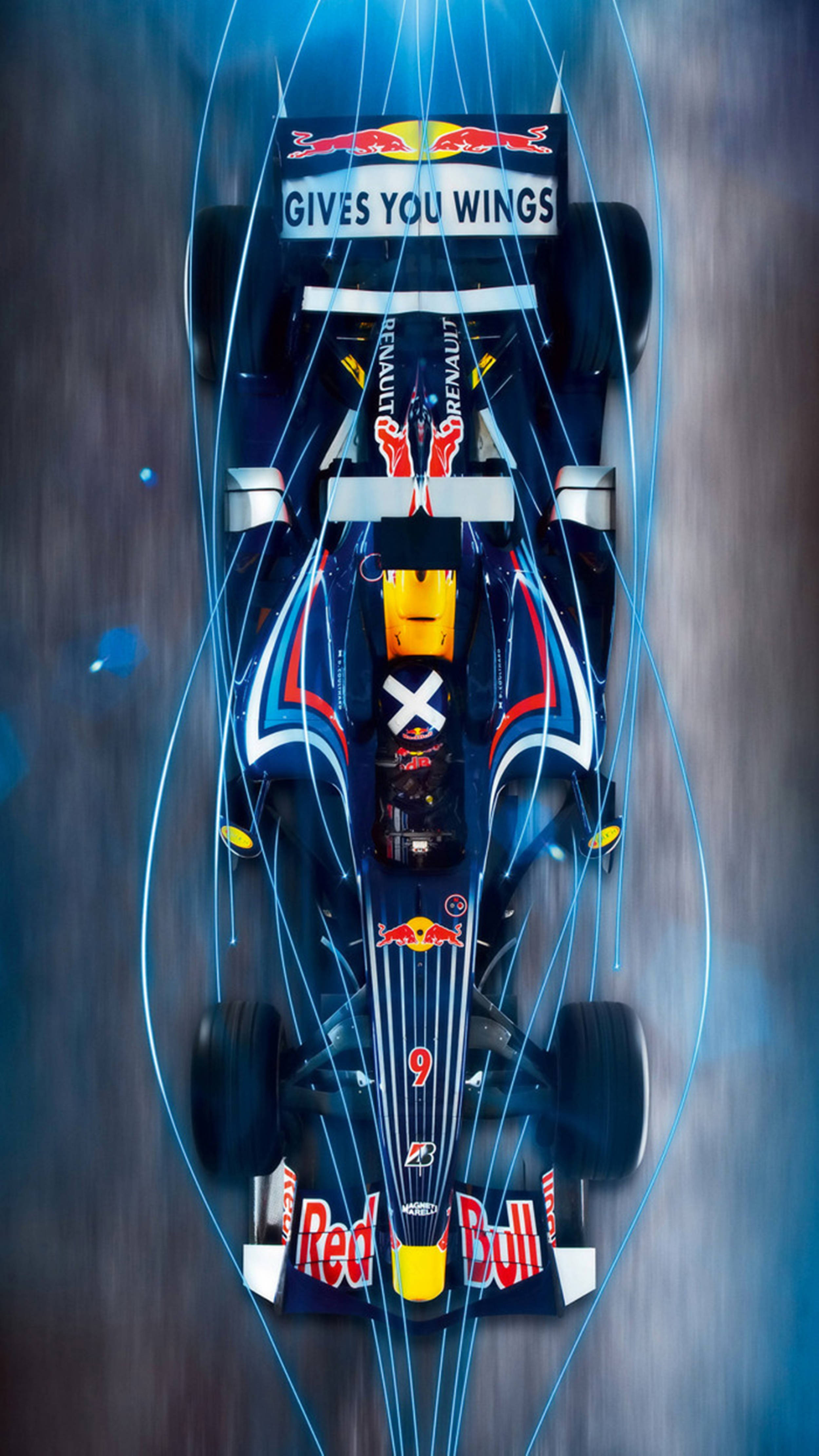 F1 桌布 壁紙 — 紅牛一級方程式賽車的空中視圖，其空氣動力學車身散發出發光的藍色能量線條。