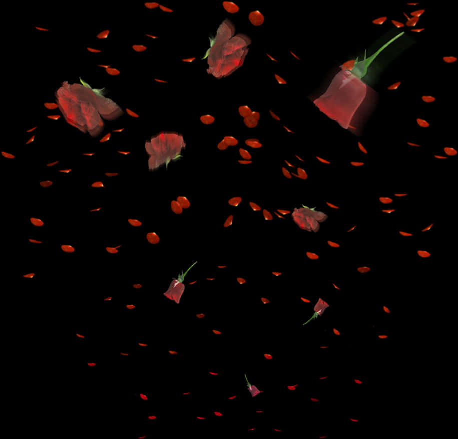 Rose Petals Falling 桌布 壁紙 — 紅玫瑰和花瓣在超現實的數位構圖中飄過漆黑的虛空。