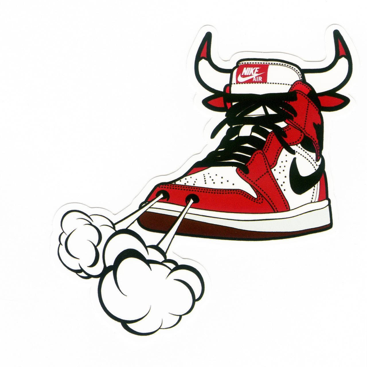 卡通鞋子 桌布 壁紙 — 紅白Nike Air運動鞋，帶有卡通公牛角和鞋帶冒出的煙霧。