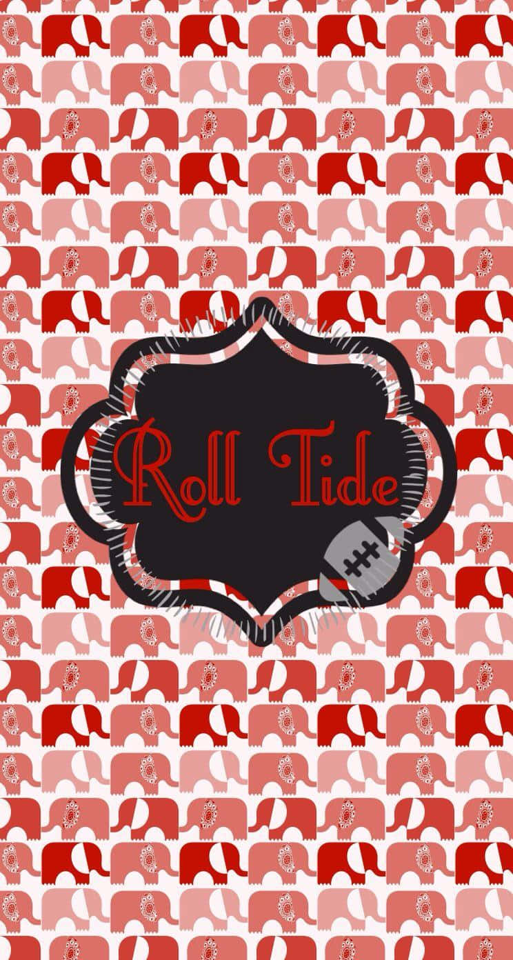 Alabama Football iPhone 桌布 壁紙 — 紅白大象圖案壁紙，帶有黑色扇形徽章，上面有「Roll Tide」文字和一個足球。