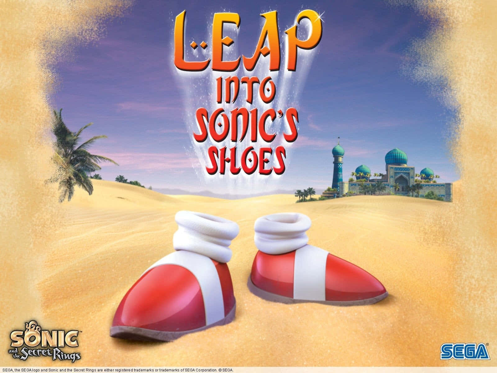 Sonic And The Secret Rings 桌布 壁紙 — 紅白運動鞋放在沙漠沙丘上，遠處有宮殿和棕櫚樹，天空暮色蒼茫。