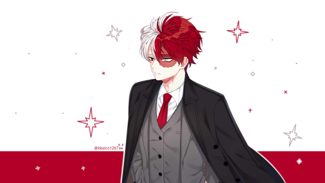 桌布 壁紙 — 紅白頭髮的動漫男孩穿著正式西裝，背景是紅白星空。