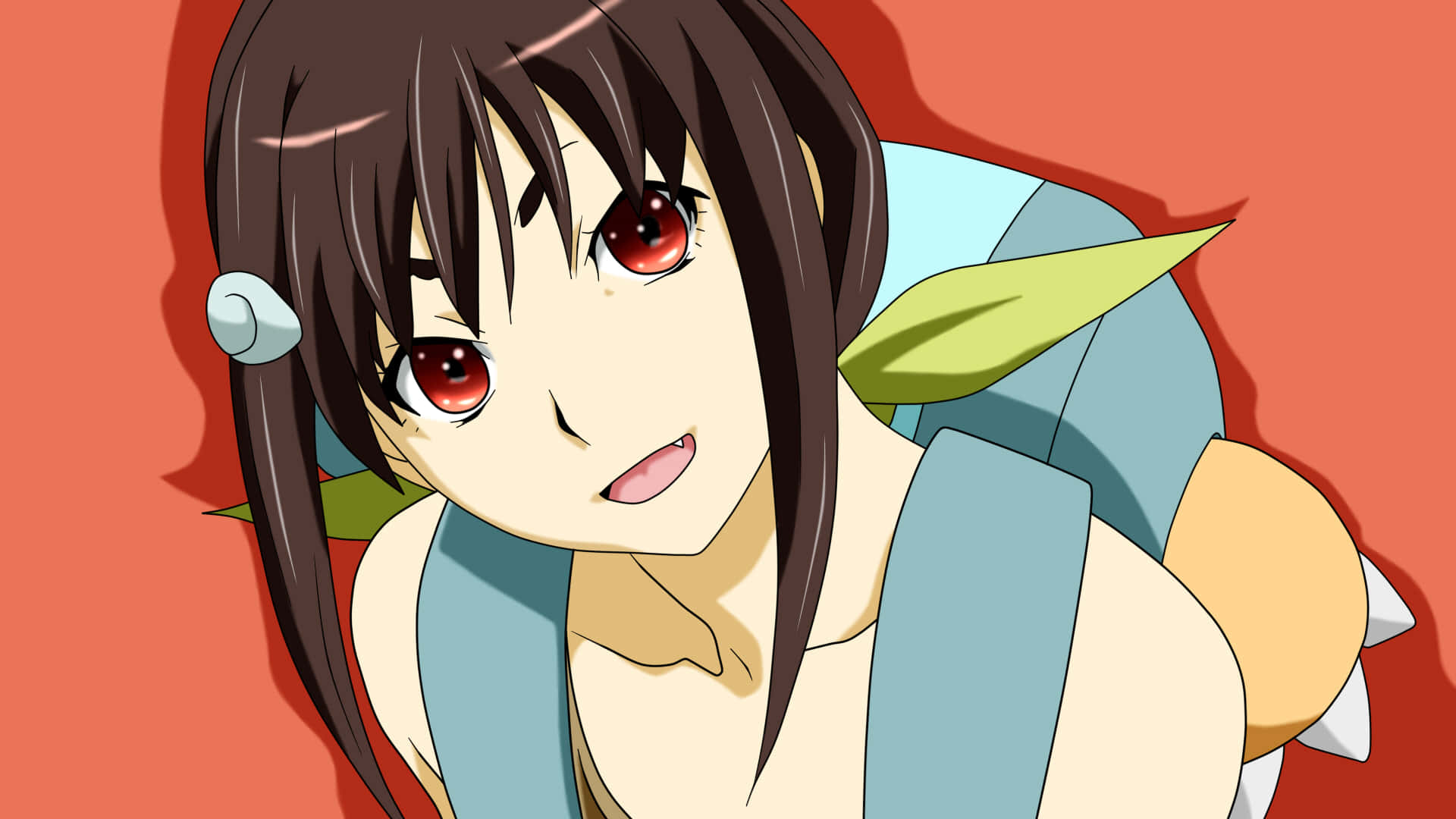 Monogatari 桌布 壁紙 — 紅眼棕髮的動漫女孩在純紅色背景前頑皮地微笑。