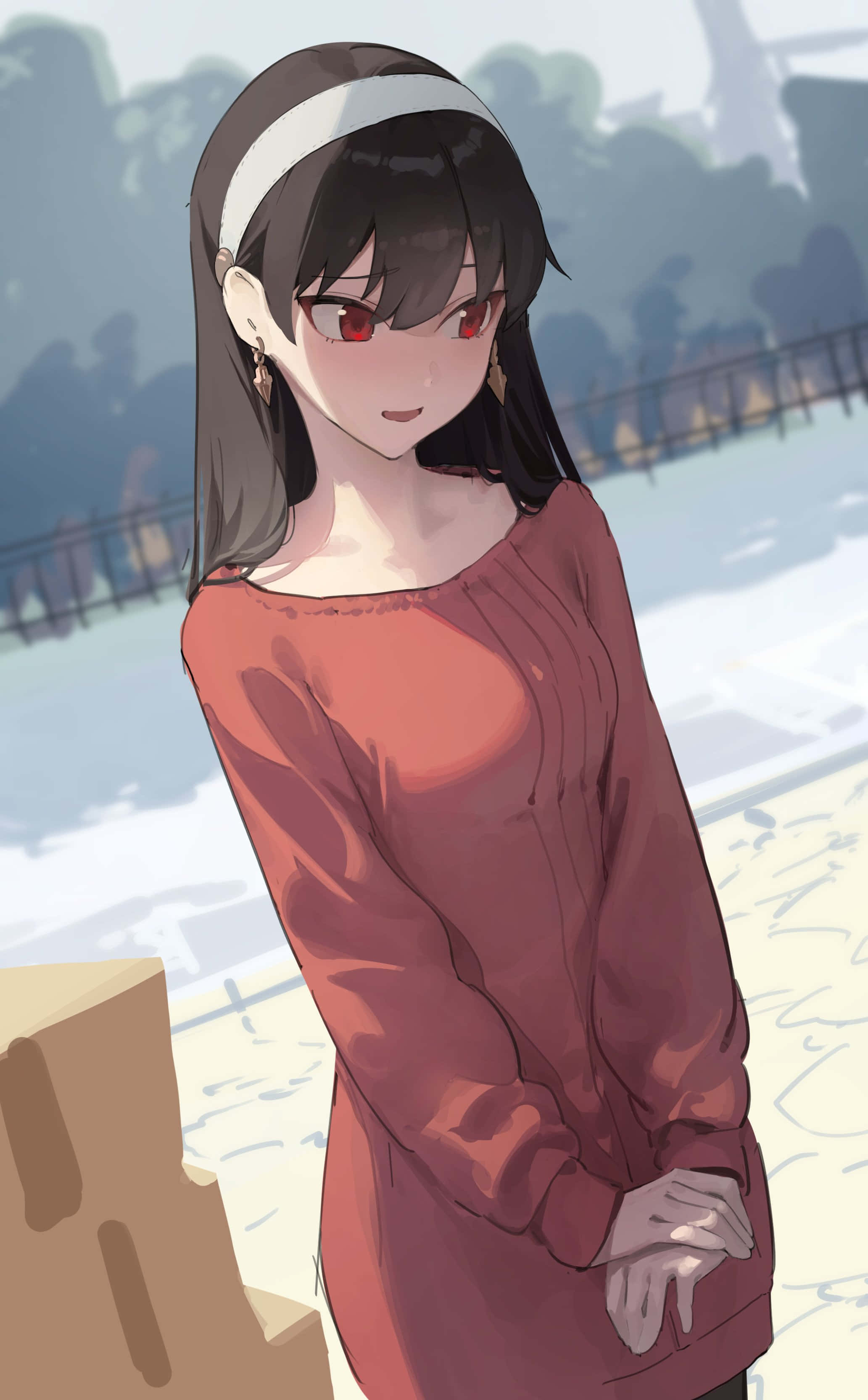 Anime Waifu 桌布 壁紙 — 紅眼白頭帶的動漫女孩站在水邊柔和日光下，背景模糊。