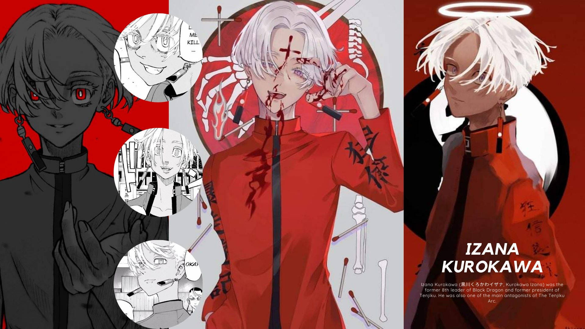 izana kurokawa 桌布 壁紙 — 紅眼白髮的動漫角色，採用分屏設計，帶有漫畫風格插圖和紅色背景。