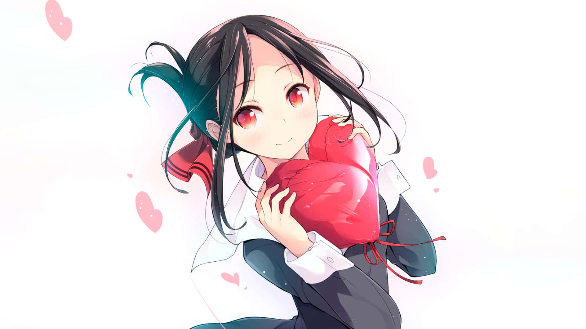 動漫女孩 桌布 壁紙 — 紅眼黑髮的動漫女孩在柔和的白色背景上擁抱著一個被漂浮的粉紅色心形包圍的大紅色心形。