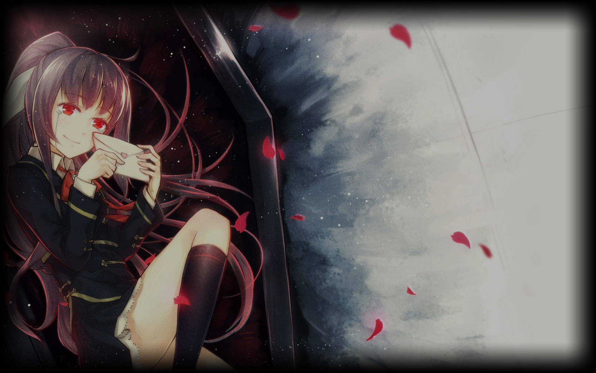 Edgy 桌布 壁紙 — 紅眼黑髮的動漫女孩拿著一封信，紅色花瓣在星空的宇宙虛空中飄蕩。