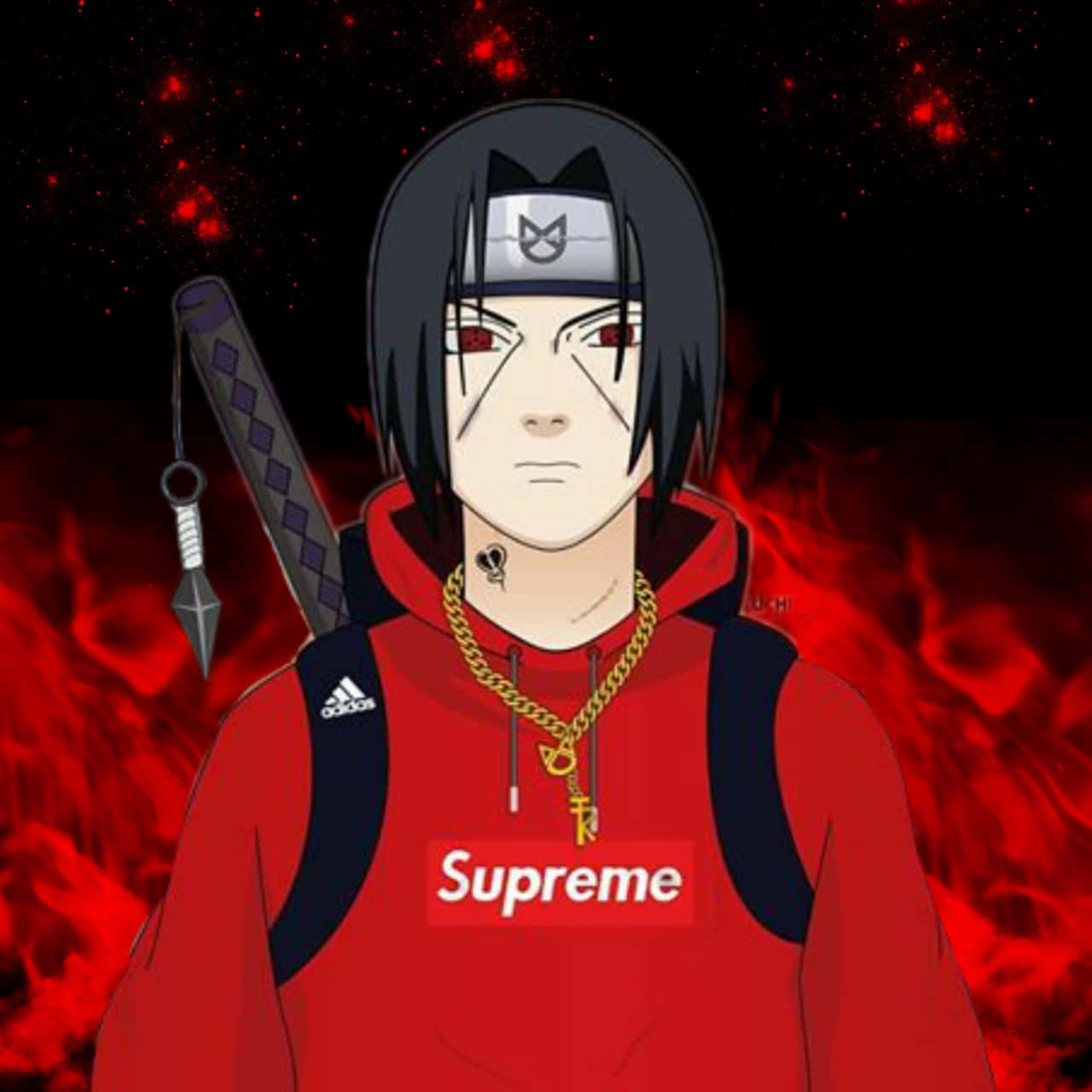 supreme 桌布 壁紙 — 紅眼黑髮的動漫角色在火紅背景前穿著紅色Supreme連帽衫。