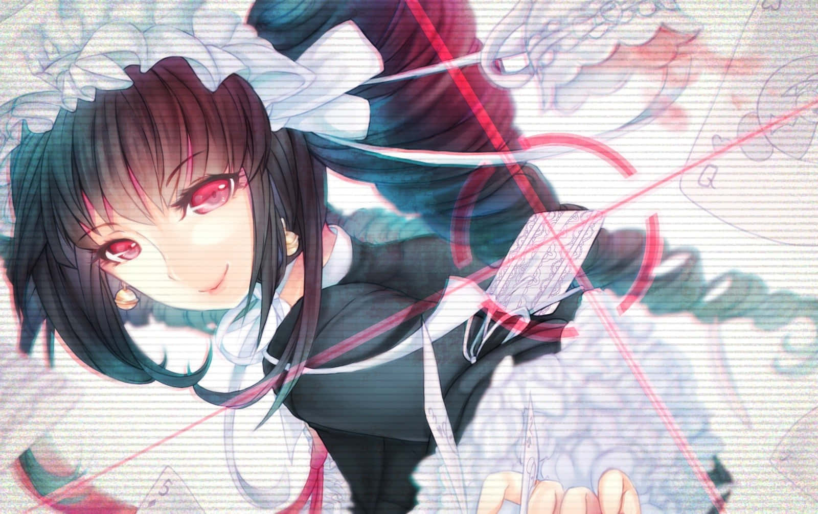 Danganronpa 1 桌布 壁紙 — 紅眼黑髮的女僕裝動漫女孩，被漂浮的撲克牌和紅色能量線環繞。