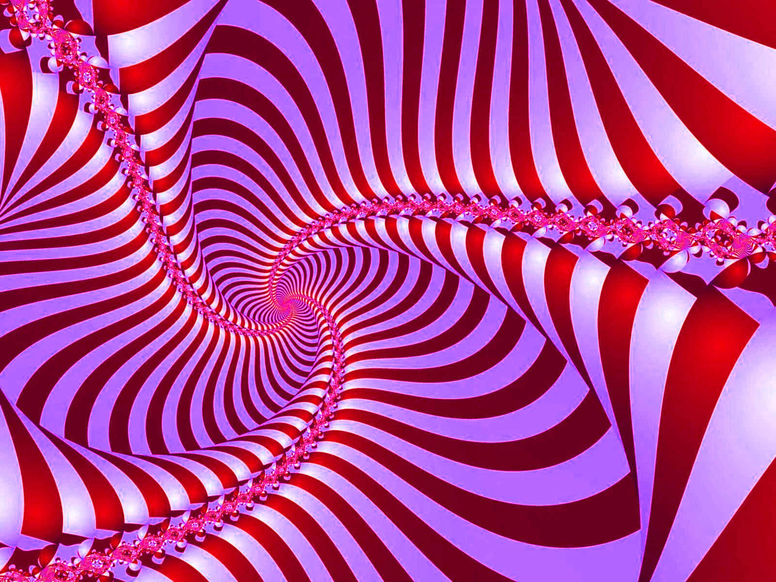 Interactive 桌布 壁紙 — 紅紫條紋的迷人螺旋隧道，帶有發光的粉紅色碎形邊緣，營造出催眠般的錯覺。