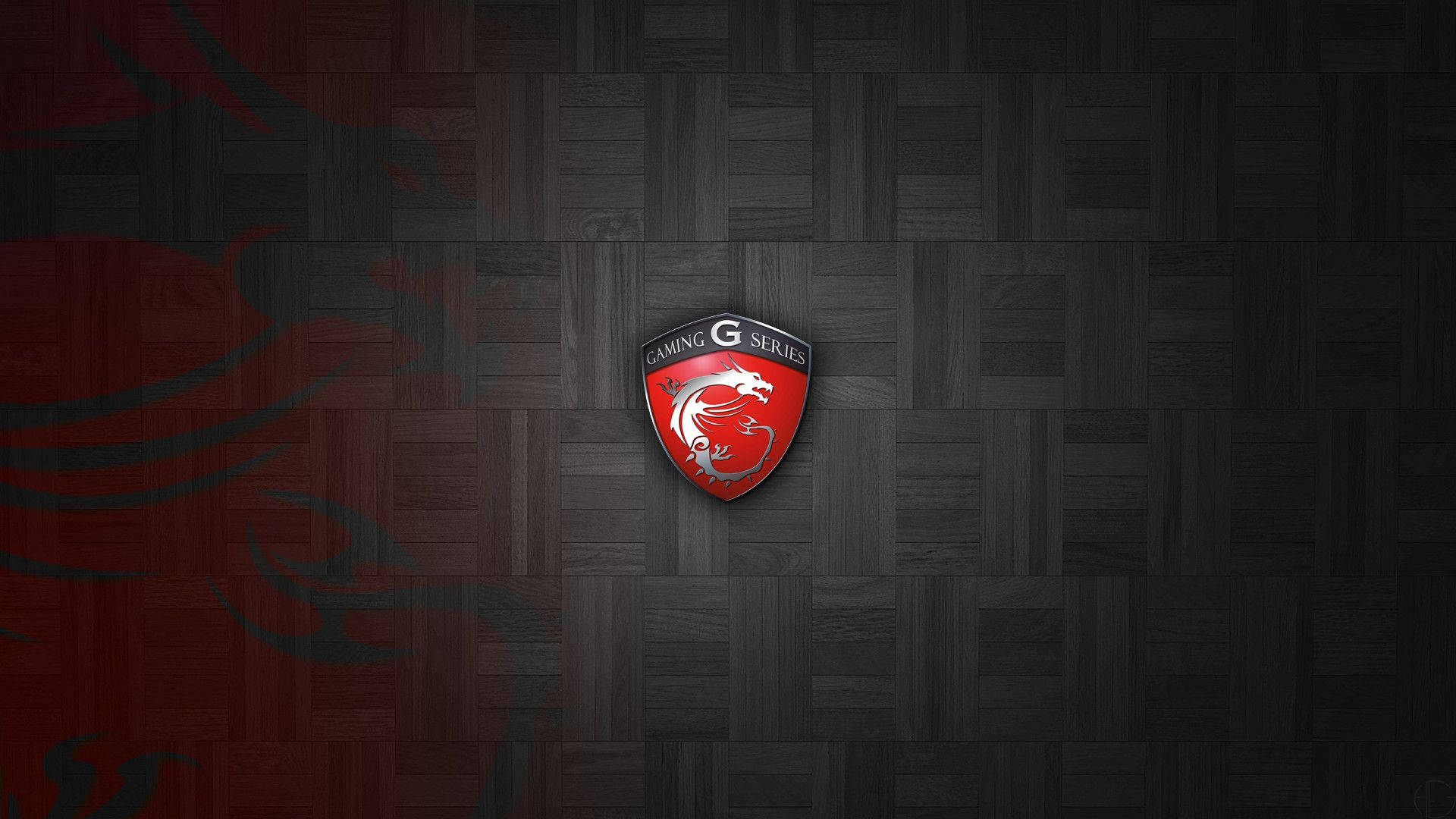 微星 桌布 壁紙 — 紅色 MSI Gaming G Series 龍標誌置中於深色木地板，背景有微妙的紅色龍剪影。