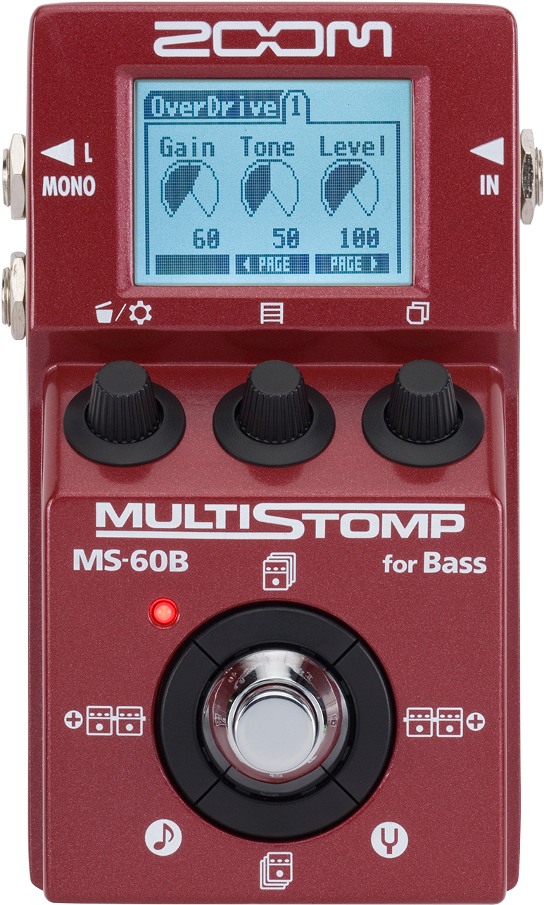 放大 桌布 壁紙 — 紅色 Zoom MultiStomp MS-60B 貝斯效果踏板，帶有旋鈕和顯示 OverDrive 設定的藍色 LCD 螢幕。