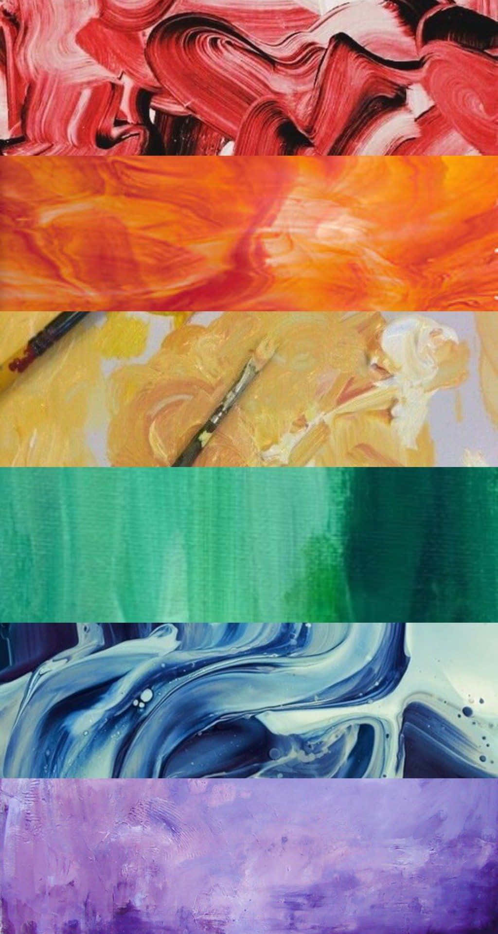 Pride Aesthetic 桌布 壁紙 — 紅色、橙色、黃色、綠色、藍色和紫色的鮮豔抽象顏料色板以水平條帶分層排列。
