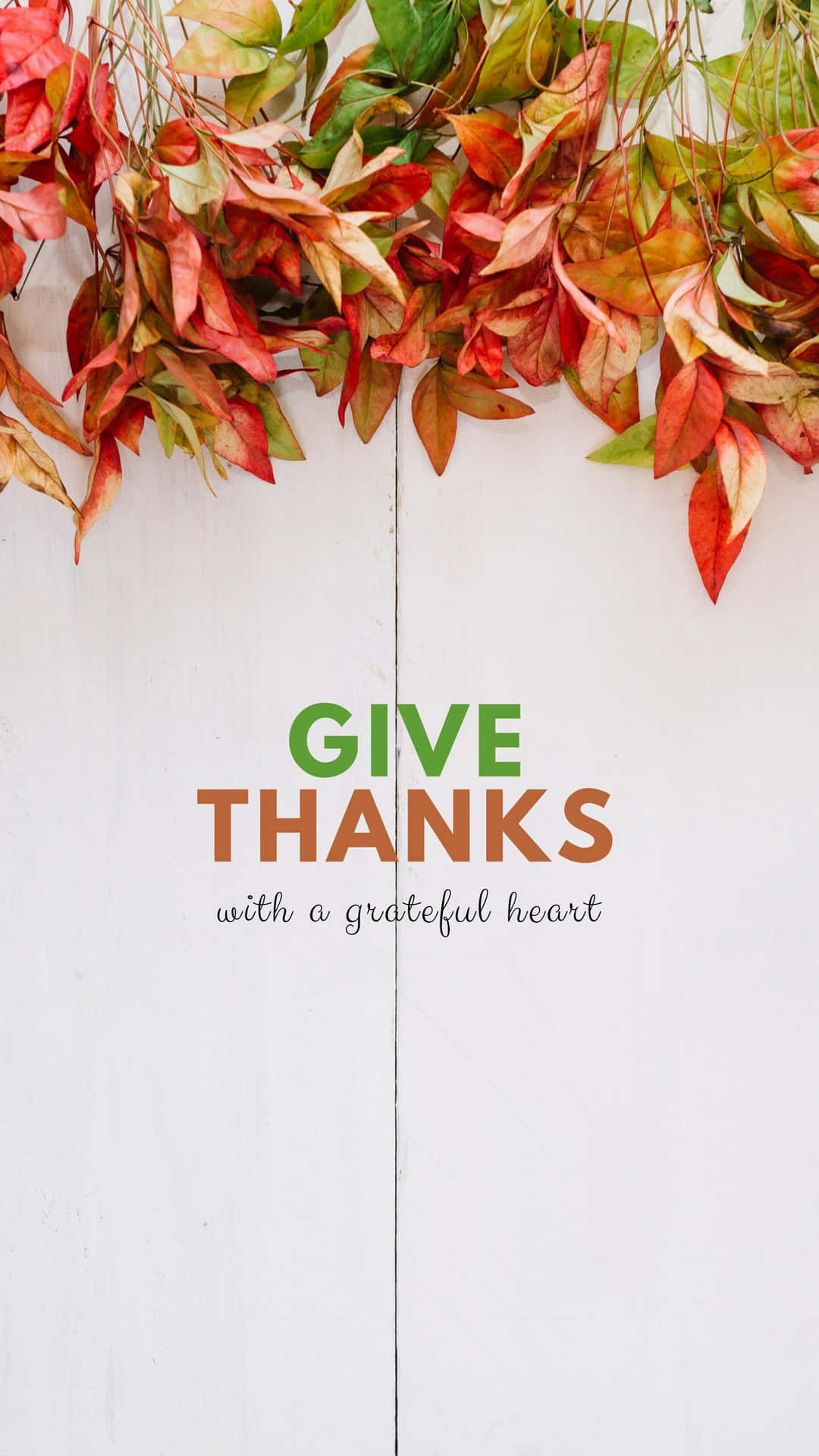 白色木質背景上帶有「Give Thanks」文字的秋葉。 — 感恩節 iPhone 壁紙