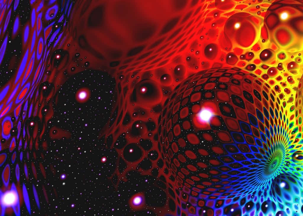 Gambar 桌布 壁紙 — 紅色、橙色和藍色的鮮豔宇宙漩渦，帶有發光的球體和星空虛空，營造出迷幻的太空漩渦。