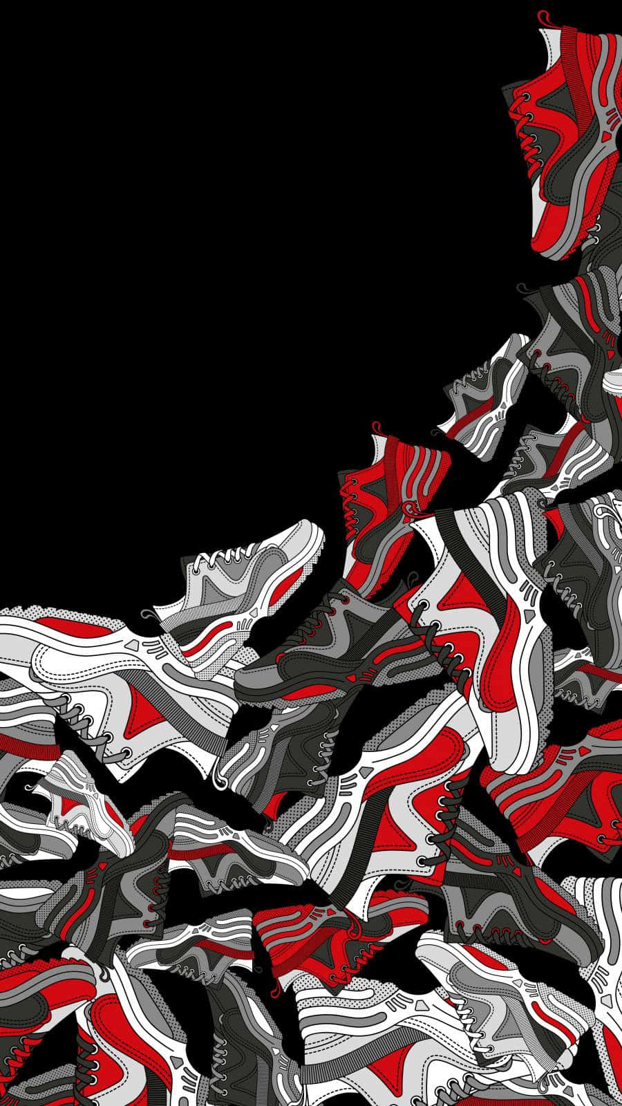 Sneaker 桌布 壁紙 — 紅色、灰色和白色的運動鞋以動態瀑布形式沿對角線流動，襯托在純黑色背景上。