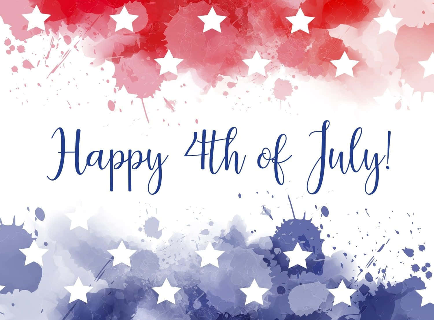 Happy Fourth Of July 桌布 壁紙 — 紅色、白色和藍色的節日水彩潑濺，帶有白色星星和草書文字 Happy 4th of July!