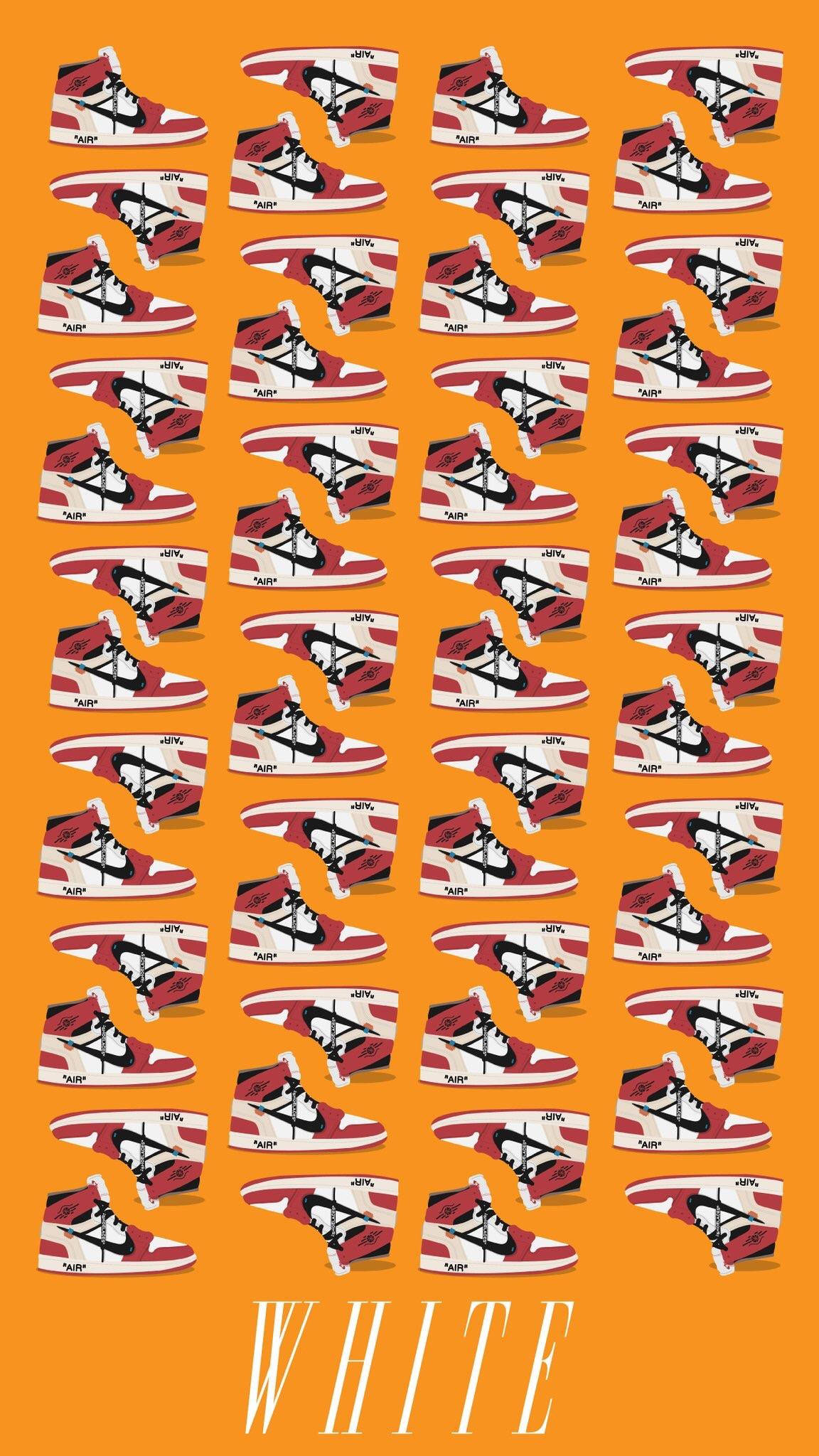 Nike iPhone 桌布 壁紙 — 紅色、白色和黑色運動鞋整齊排列在橙色背景上，底部有大型文字「白色」。