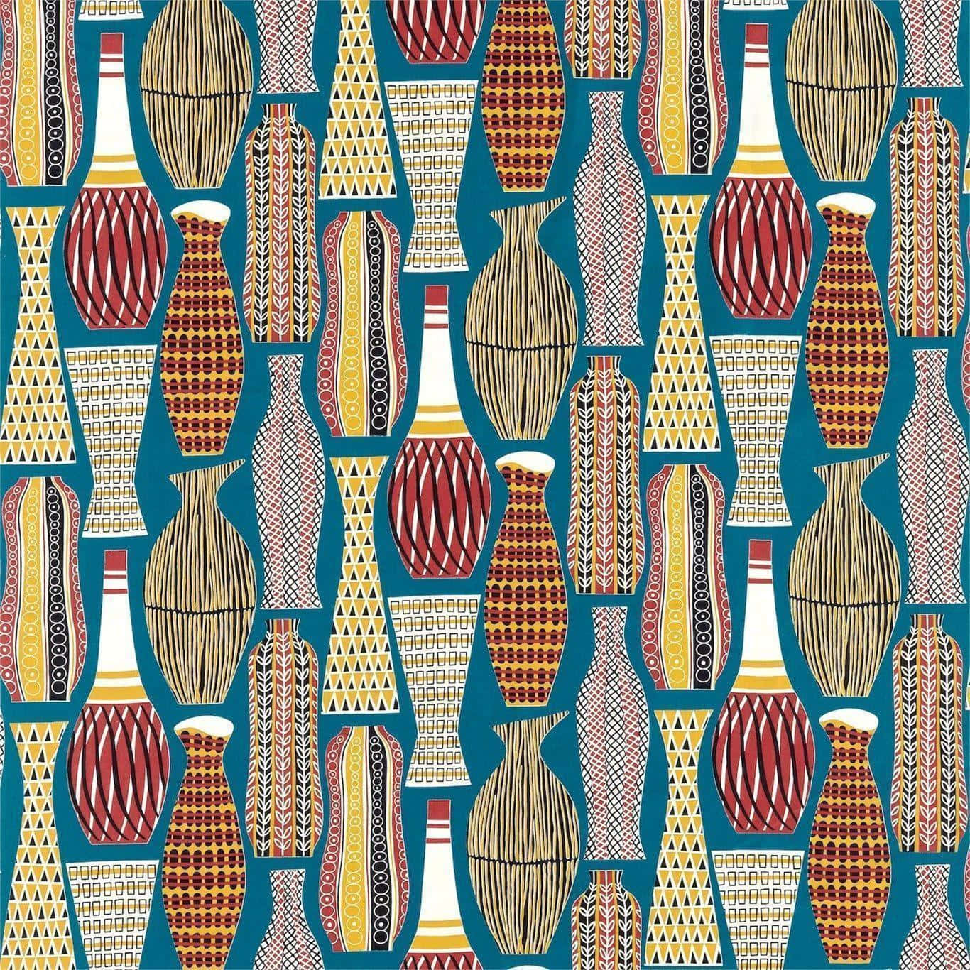 Textile Art 桌布 壁紙 — 紅色、米色和黃色的風格化花瓶在青綠色背景上帶有幾何部落圖案的鮮豔圖案。