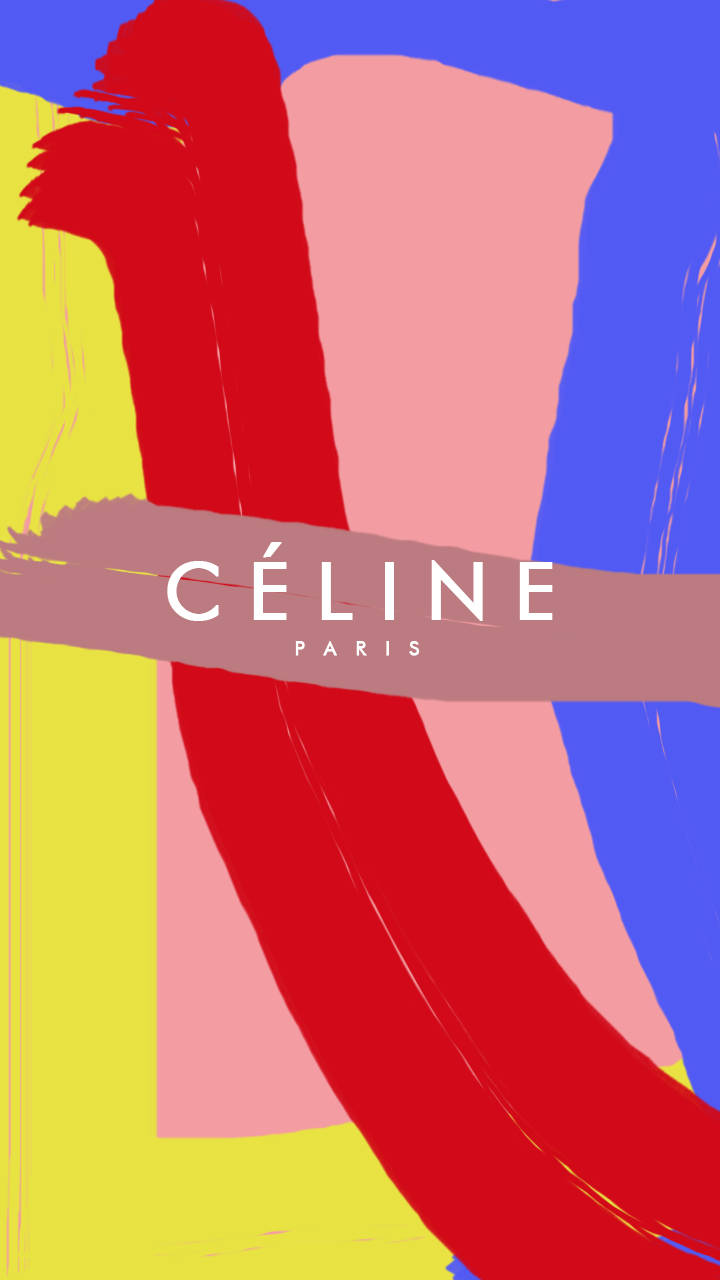 品牌 桌布 壁紙 — 紅色、粉紅色、藍色和黃色的大膽抽象筆觸，與Celine Paris文字形成動態的現代藝術構圖。