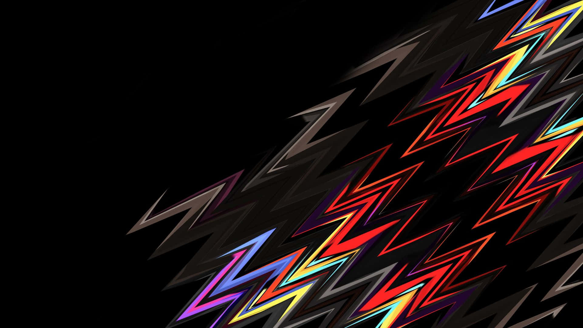 Dark Abstract Art 桌布 壁紙 — 紅色、紫色、藍色和黃色的鮮明鋸齒狀閃電斜向劃過黑色背景。