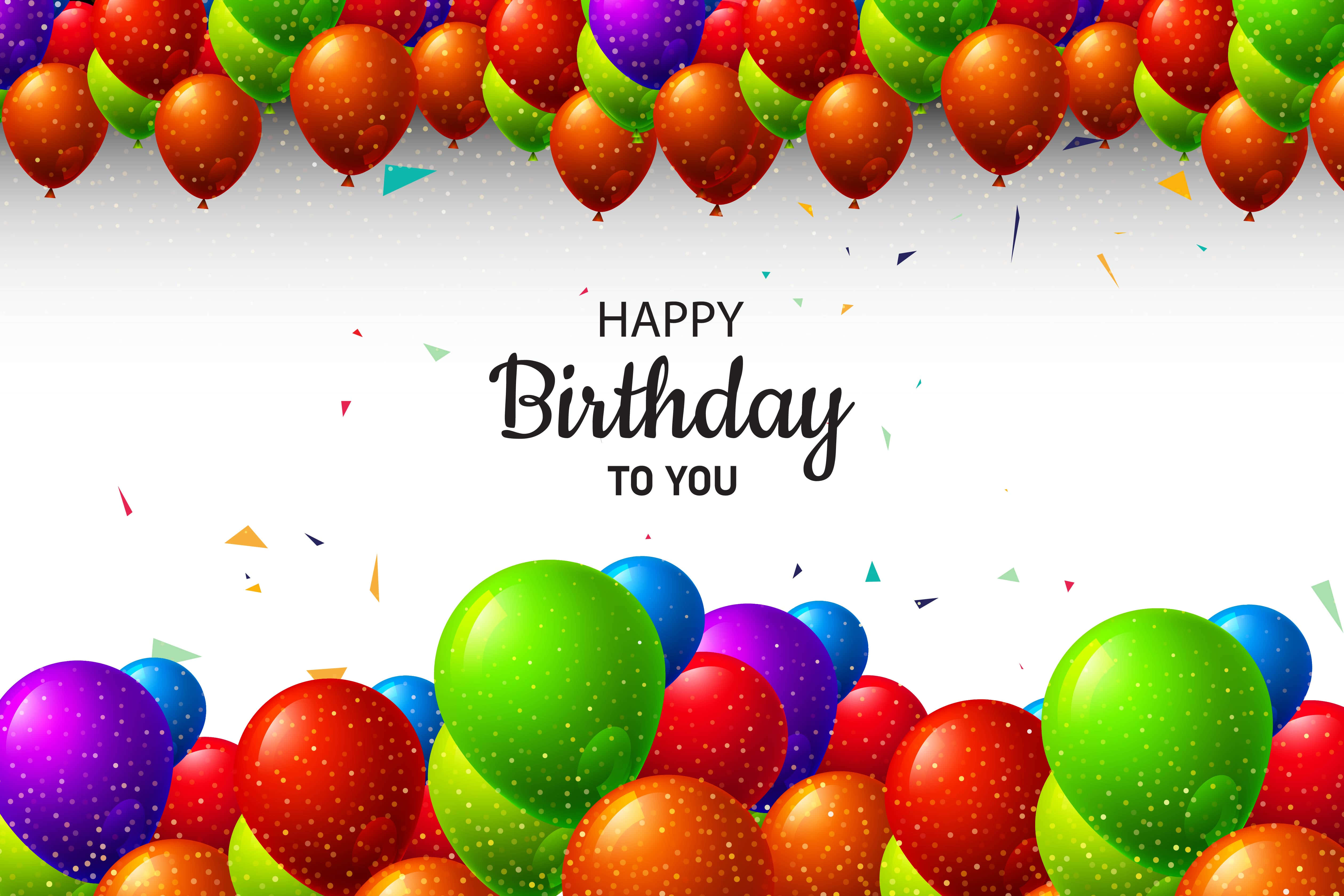 Birthday 桌布 壁紙 — 紅色、綠色、藍色和紫色的鮮豔氣球圍繞著一個白色空間，上面有'Happy Birthday to You'文字和散落的五彩紙屑。