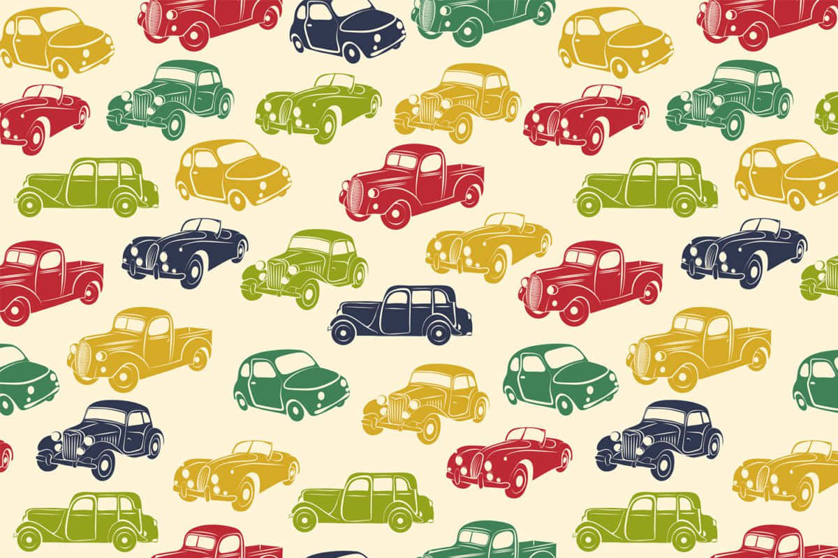 Car Pattern 桌布 壁紙 — 紅色、綠色、黃色和海軍藍色的復古汽車在奶油色背景上以歡快的復古圖案重複。