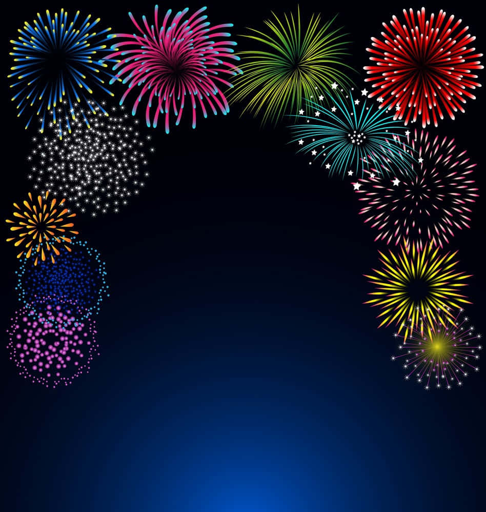 firework 桌布 壁紙 — 紅色、藍色、綠色和黃色的鮮豔煙火在黑暗的夜空中綻放，下方有藍色漸變。