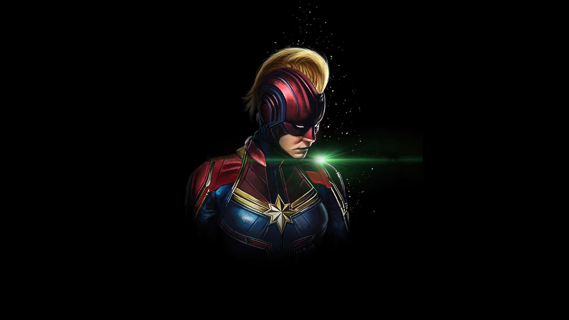 Captain Marvel HD 桌布 壁紙 — 紅色、藍色和金色戰服的驚奇隊長，在黑色背景前散發綠色發光能量。