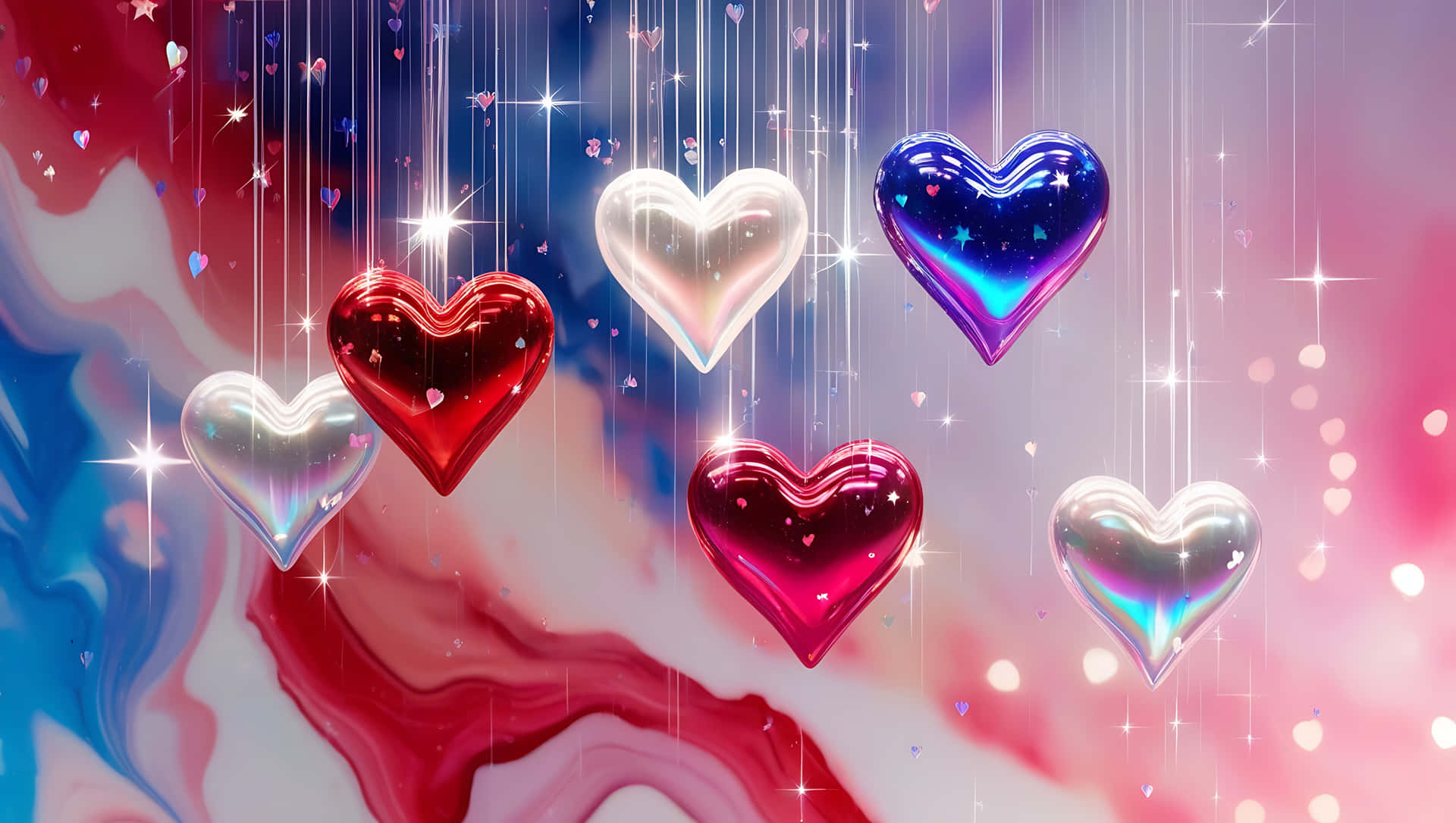 Iridescent Hearts Storm – Soft Patriot Dream 55-1 壁紙 — 紅色、銀色和紫色的光澤心形懸掛在一個旋轉的宇宙背景中，閃爍著星星。