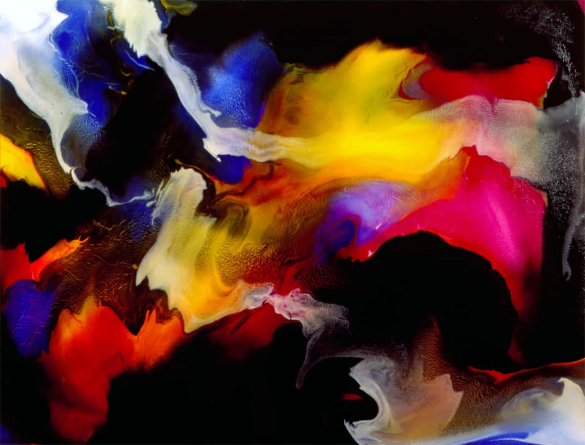 Visual Art 桌布 壁紙 — 紅色、黃色、藍色和白色油漆的鮮豔抽象漩渦在深黑色背景上動態流動。