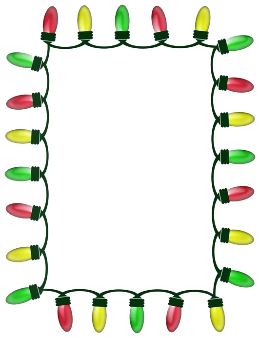 Christmas Clip Art 桌布 壁紙 — 紅色、黃色和綠色的節日聖誕燈飾形成一個矩形邊框，背景為純白色。