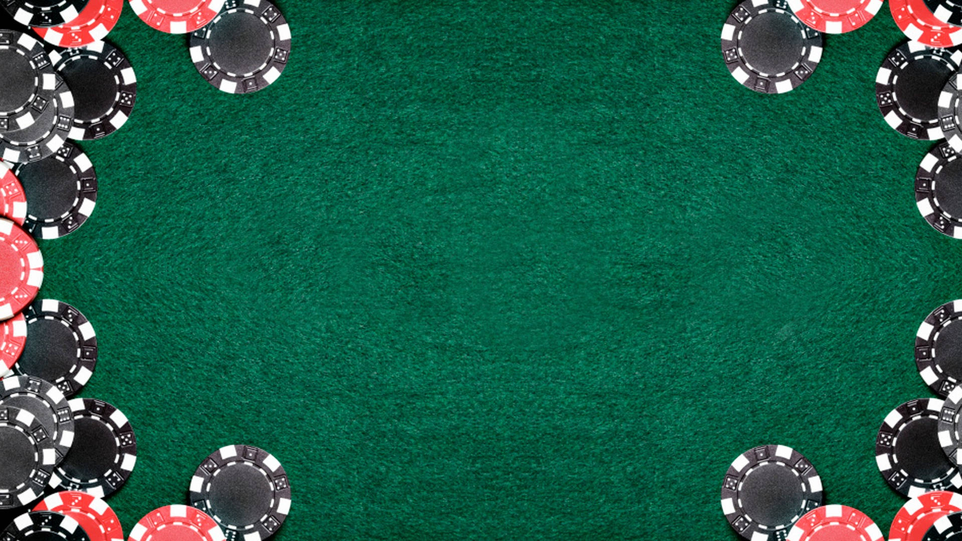Poker 桌布 壁紙 — 紅色、黑色和白色的籌碼圍繞著一張綠色氈面賭桌的俯視圖。