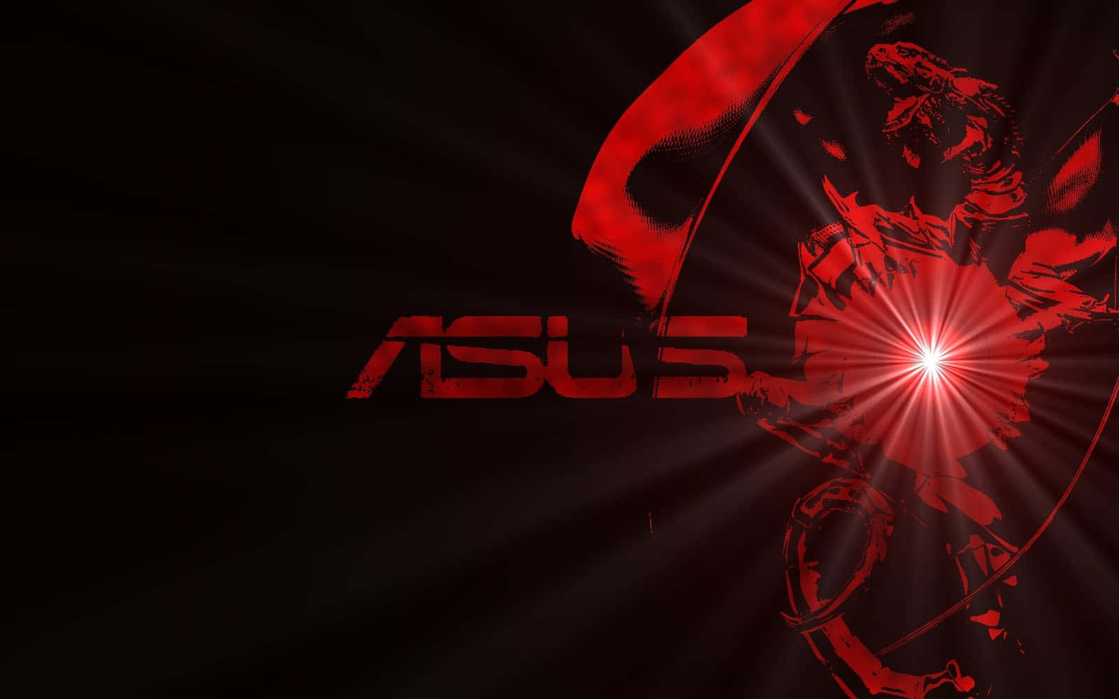 ASUS 桌布 壁紙 — 紅色ASUS標誌，帶有發光的星爆和風格化的戰士剪影，背景為深色。