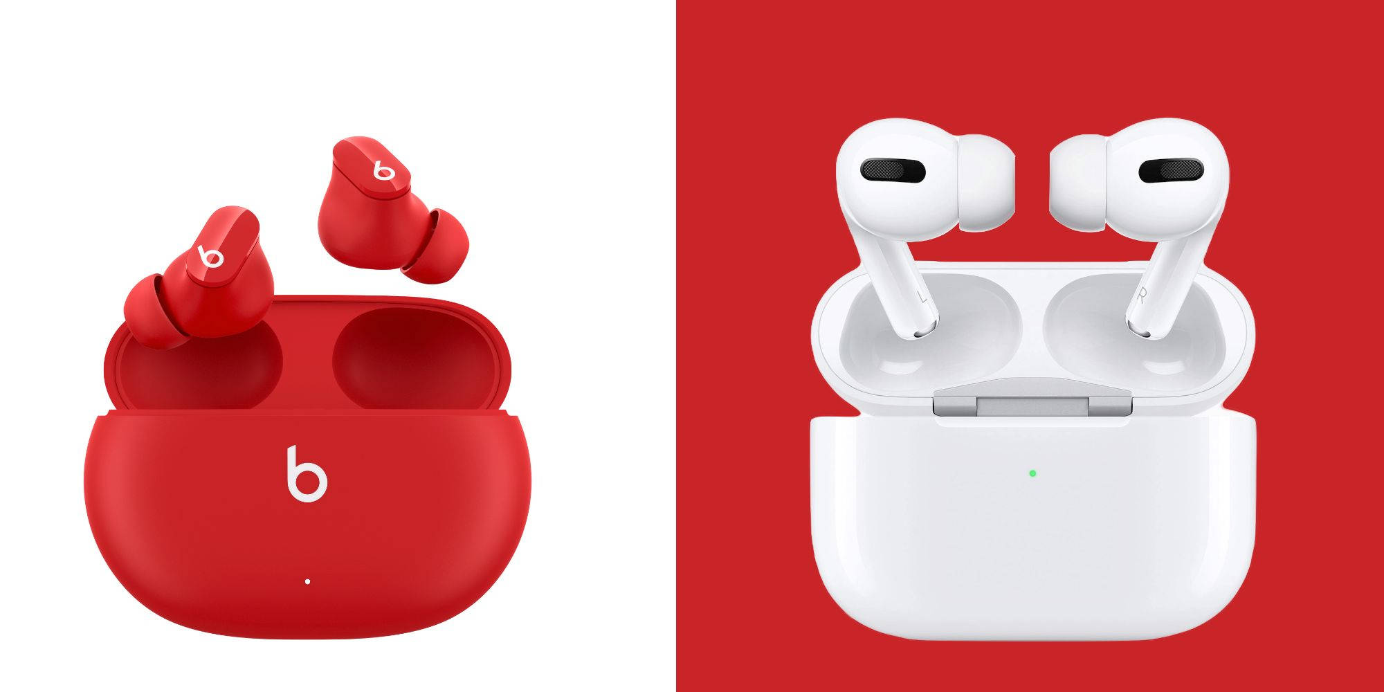 AirPods 桌布 壁紙 — 紅色Beats耳機放在打開的充電盒中，旁邊是白色AirPods Pro放在打開的充電盒中，背景為紅色。