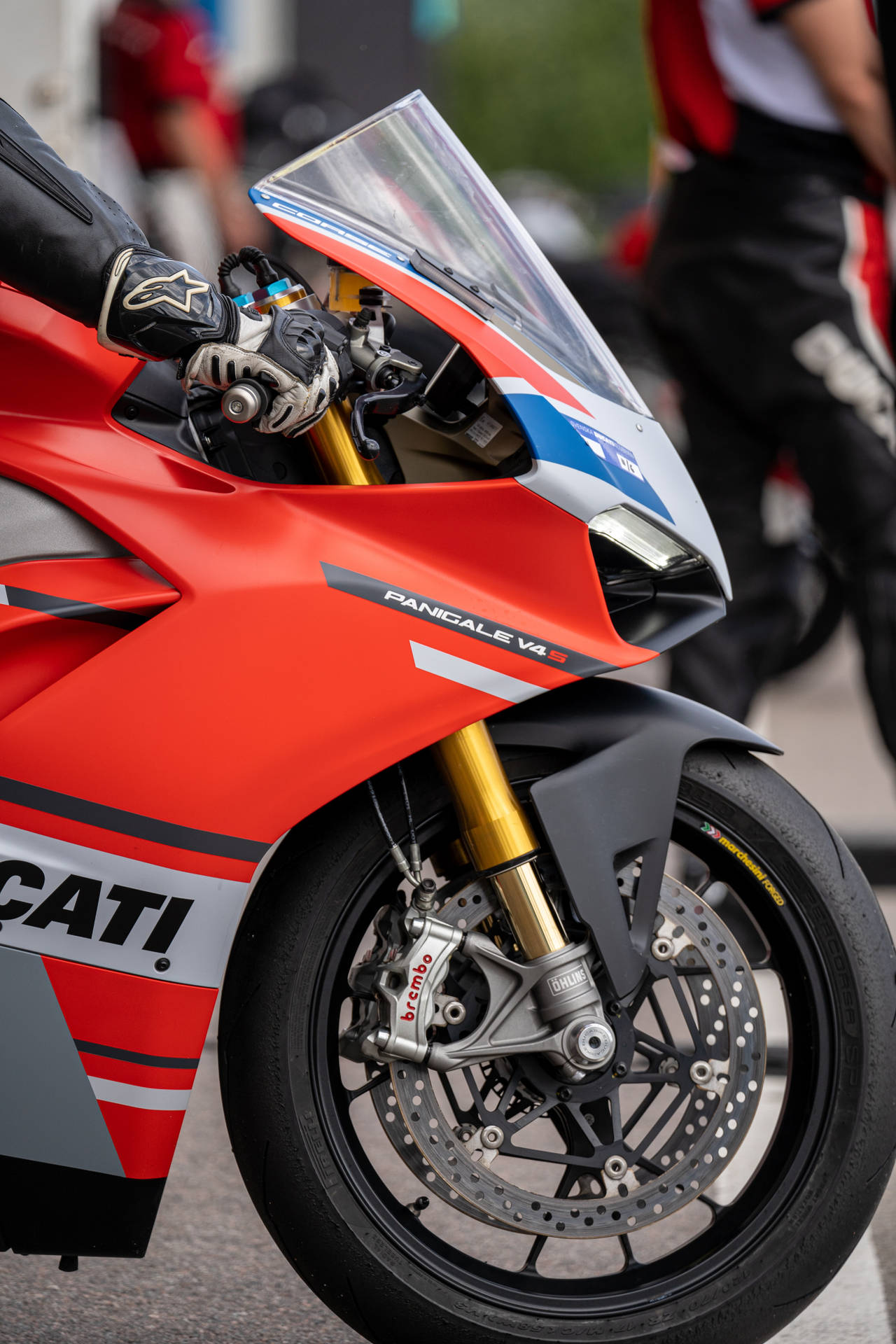  壁紙 — 紅色Ducati Panigale V4 R摩托車的特寫，金色前叉和騎士戴手套的手放在車把上。