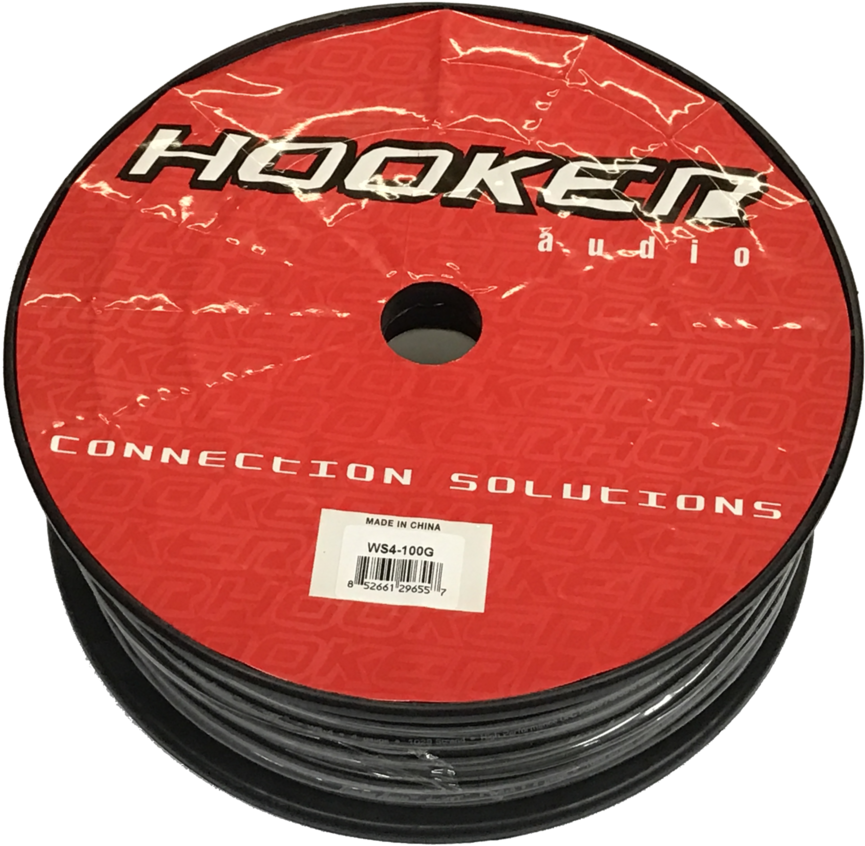 Wires 桌布 壁紙 — 紅色Hooker Audio線軸上黑色喇叭線的特寫，帶有重複的品牌標誌和條碼標籤。