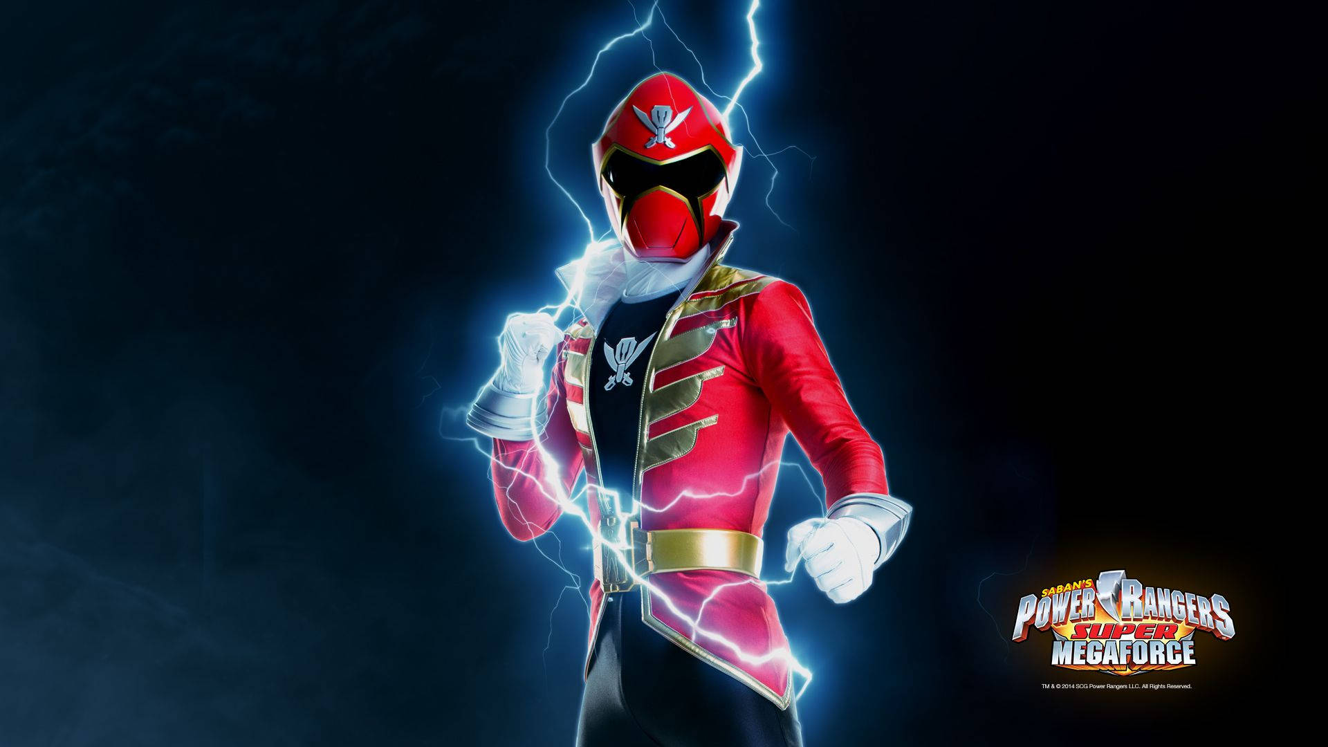 Power 桌布 壁紙 — 紅色Power Ranger以動態姿勢被電閃雷鳴環繞，背景為黑暗風暴。