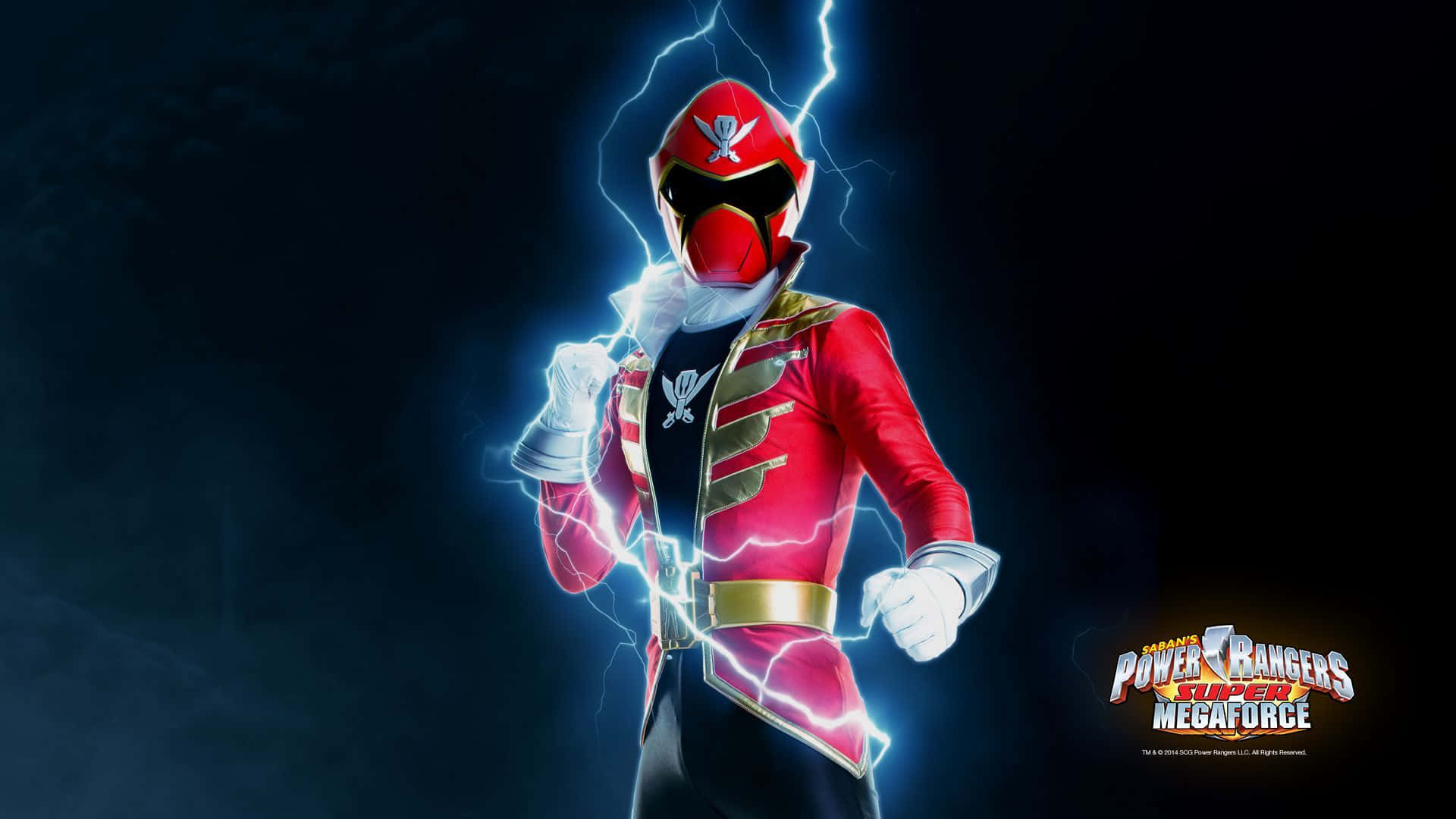 金剛戰士 桌布 壁紙 — 紅色Power Ranger以動感姿態被電藍色閃電包圍，背景為黑暗風暴。