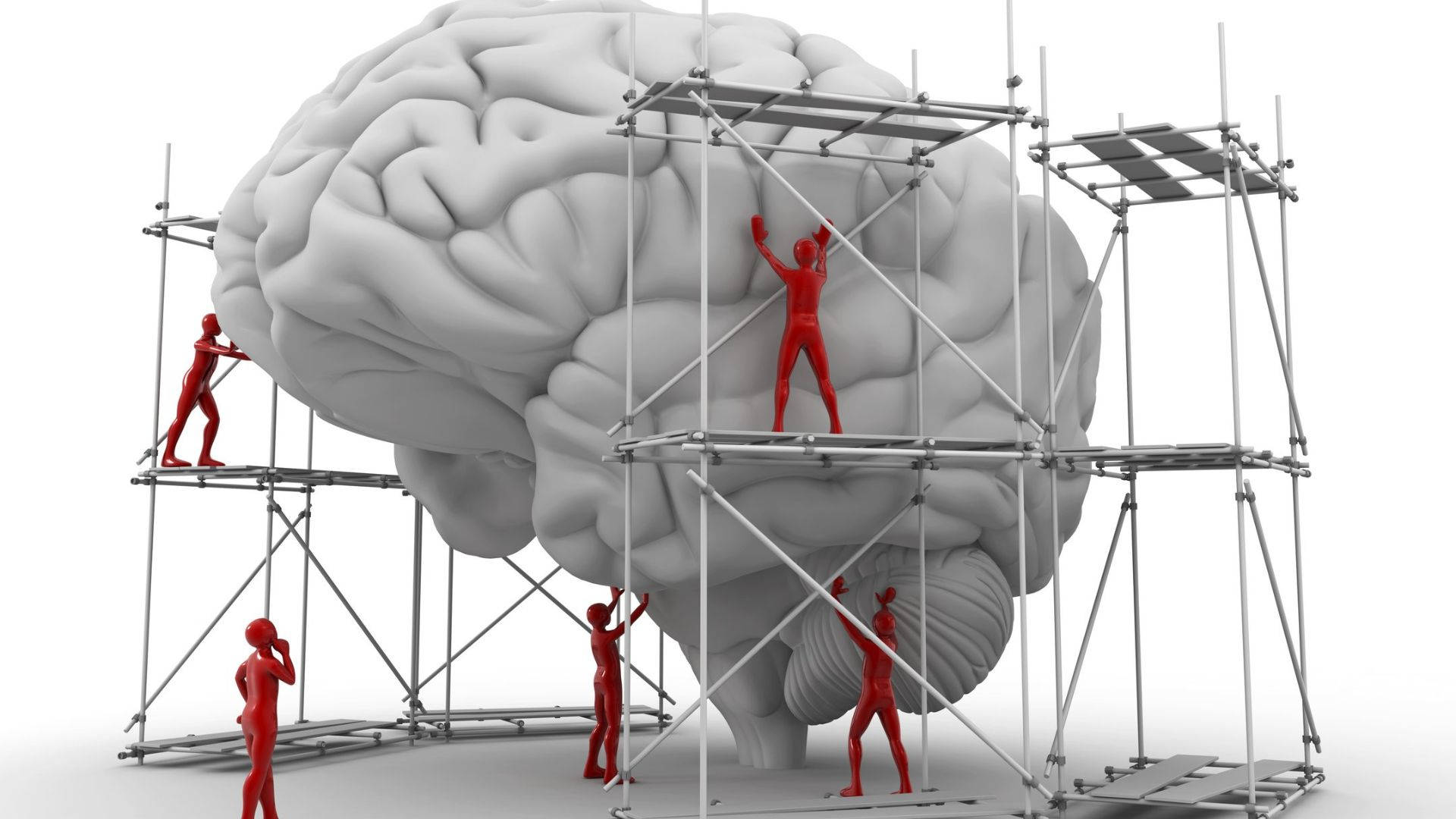 mind 桌布 壁紙 — 紅色人形公仔在純白工作室內，圍繞一個巨大的灰色大腦在鷹架上工作。