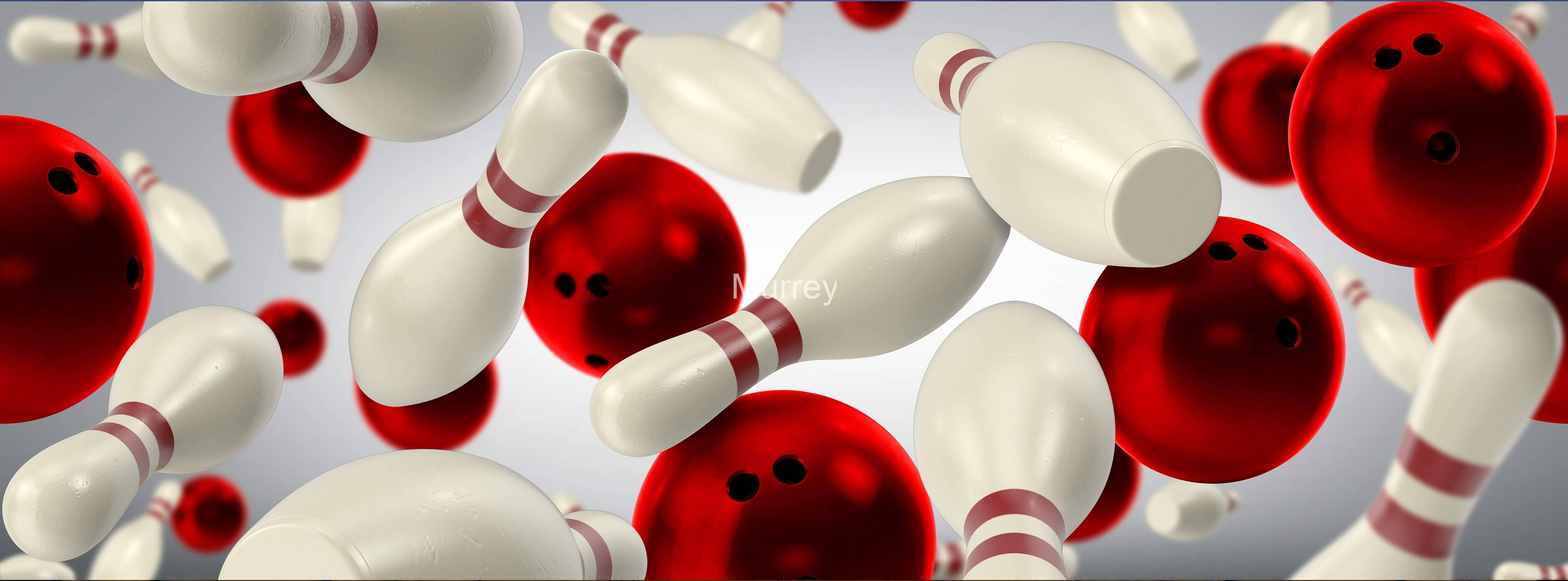 bowling pin 桌布 壁紙 — 紅色保齡球和白色球瓶在柔和的灰色背景上動態漂浮。