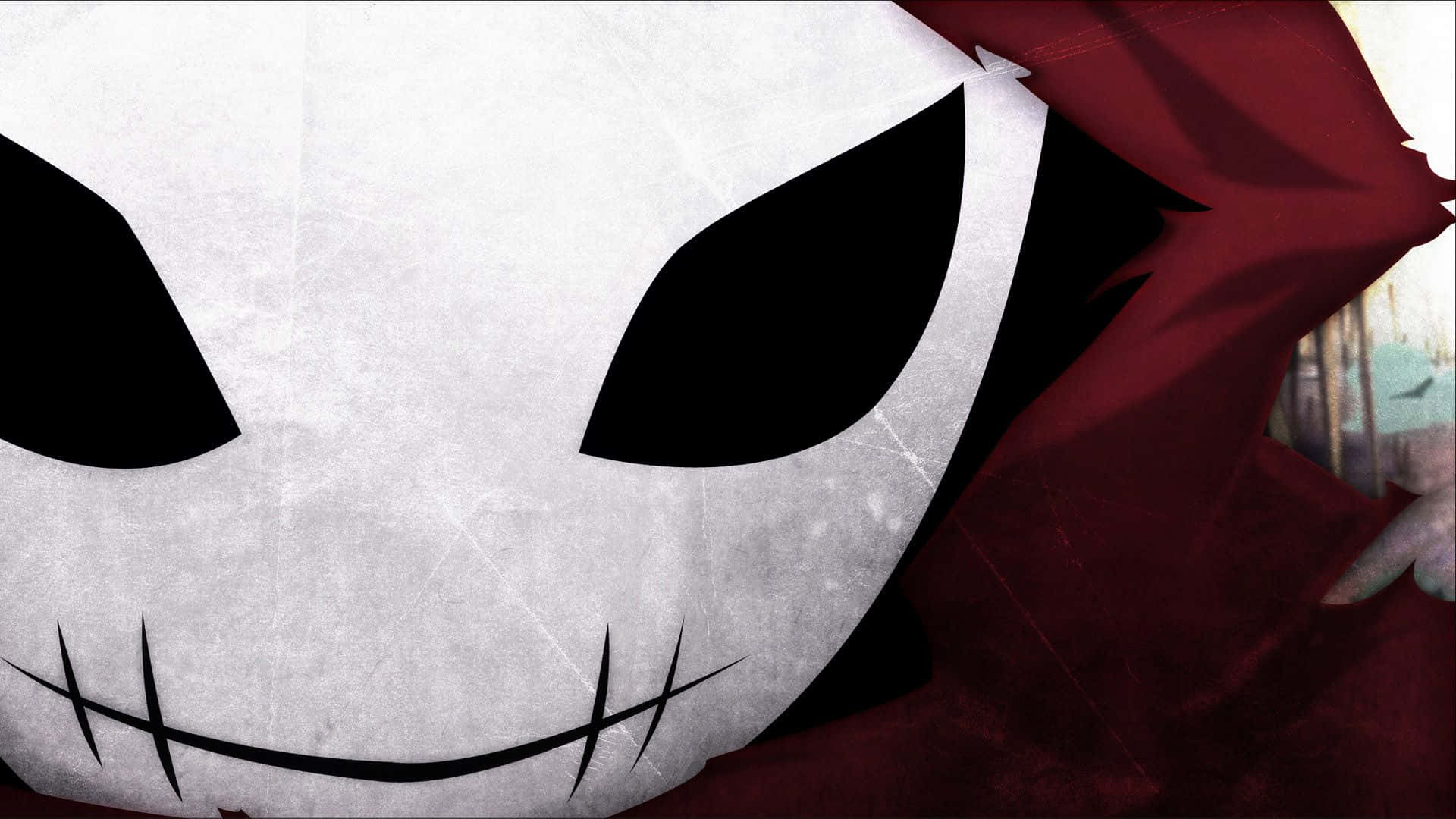 Horror Anime 桌布 壁紙 — 紅色兜帽下白色面具臉部特寫，有黑色眼睛和縫合的笑容。