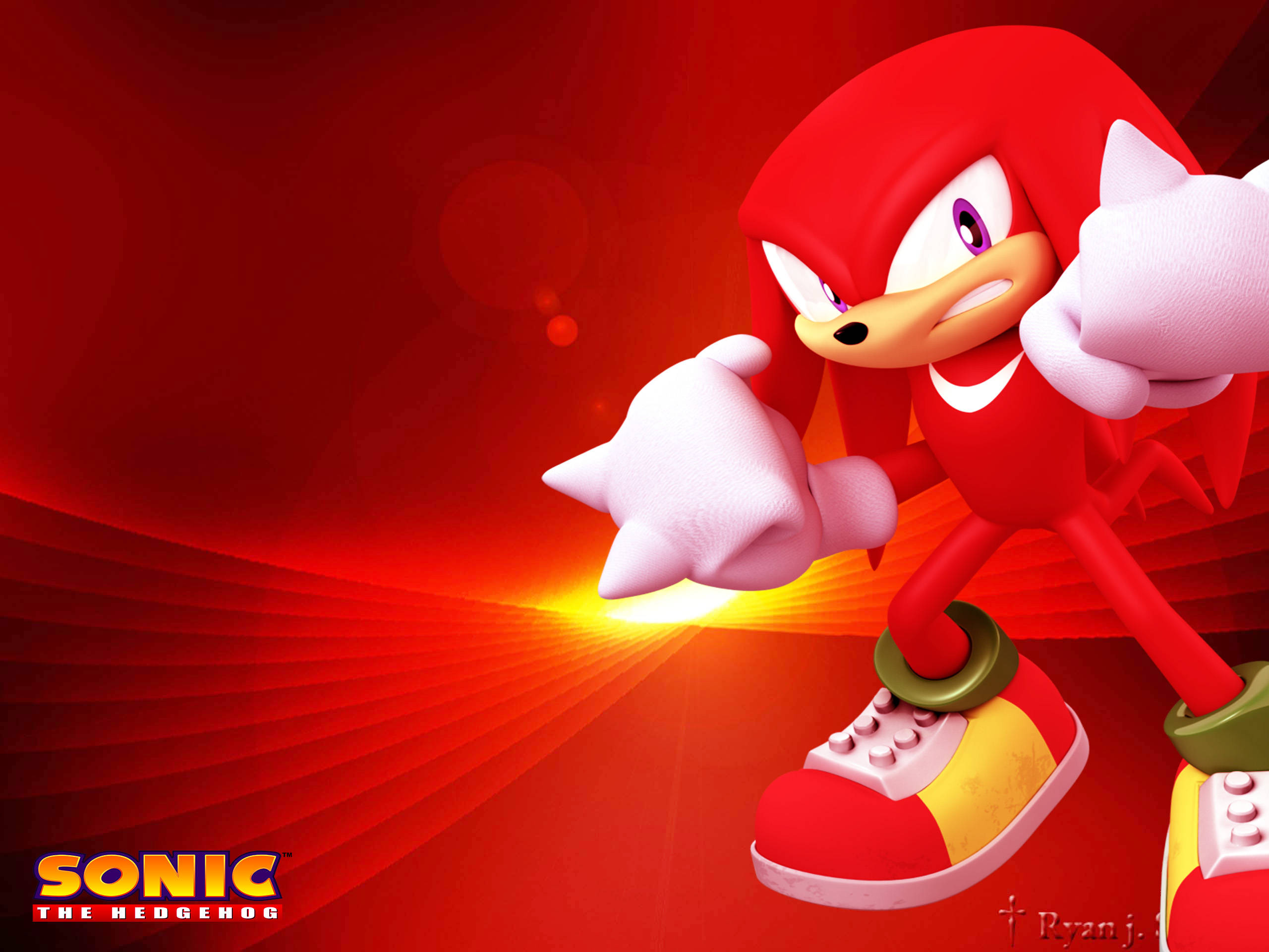 Knuckles 桌布 壁紙 — 紅色刺蝟 Knuckles 在發光的紅色背景和放射光線中動態站立。
