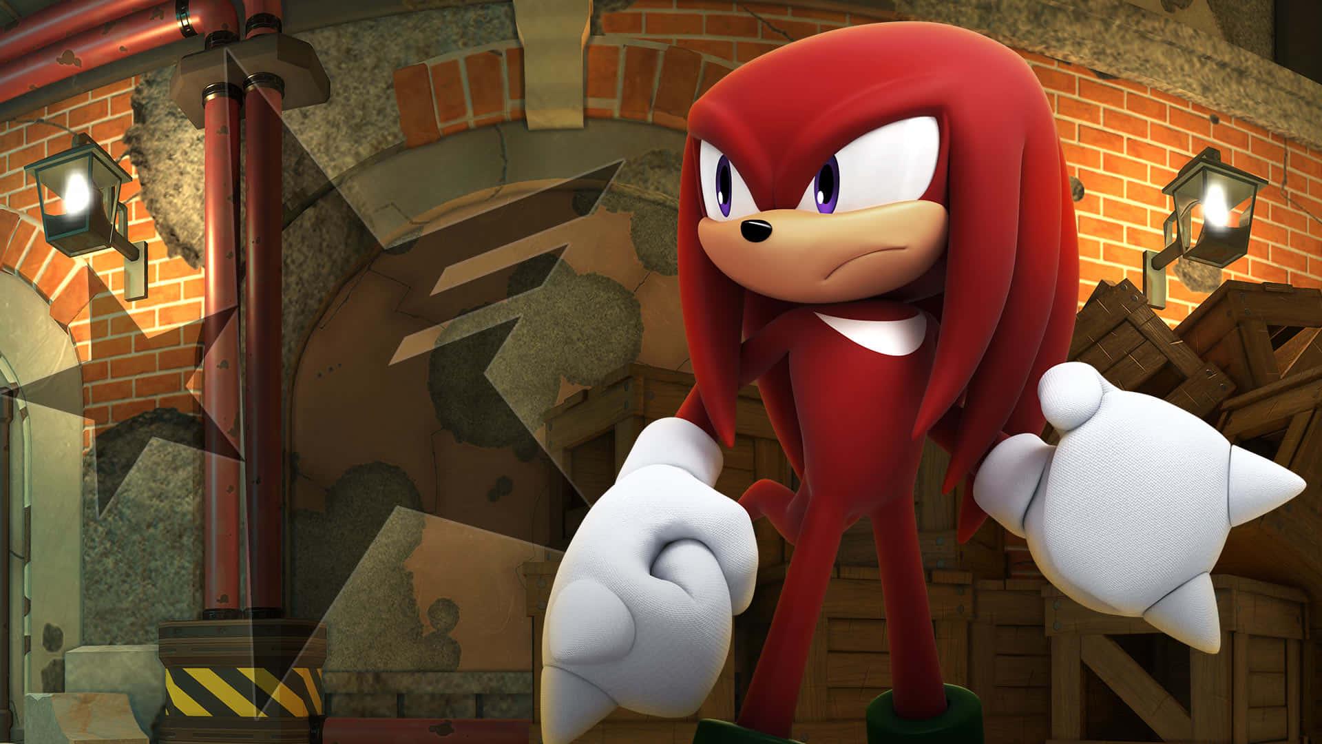 Knuckles 桌布 壁紙 — 紅色刺蝟 Knuckles 挑釁地站在磚砌廢墟中，發光的燈籠將溫暖的光芒投射在他堅定的臉上。